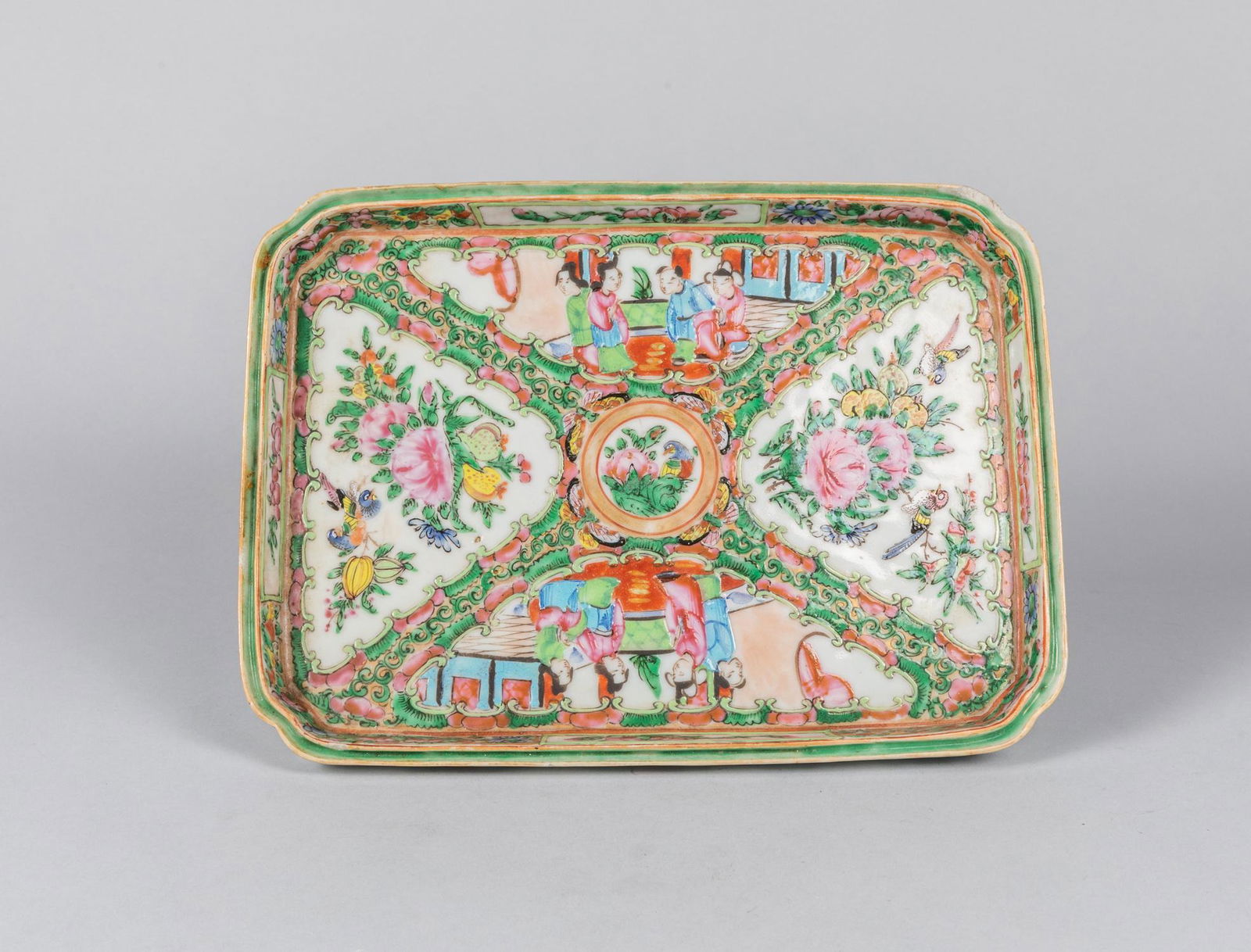 19th Chinese Antique Famille Rose Porcelain Tray: 19th Ching period Chinese hand painted porcelain tray, 7-9.75 inch. The estate of P. C. Chen. Los Angeles, 1980