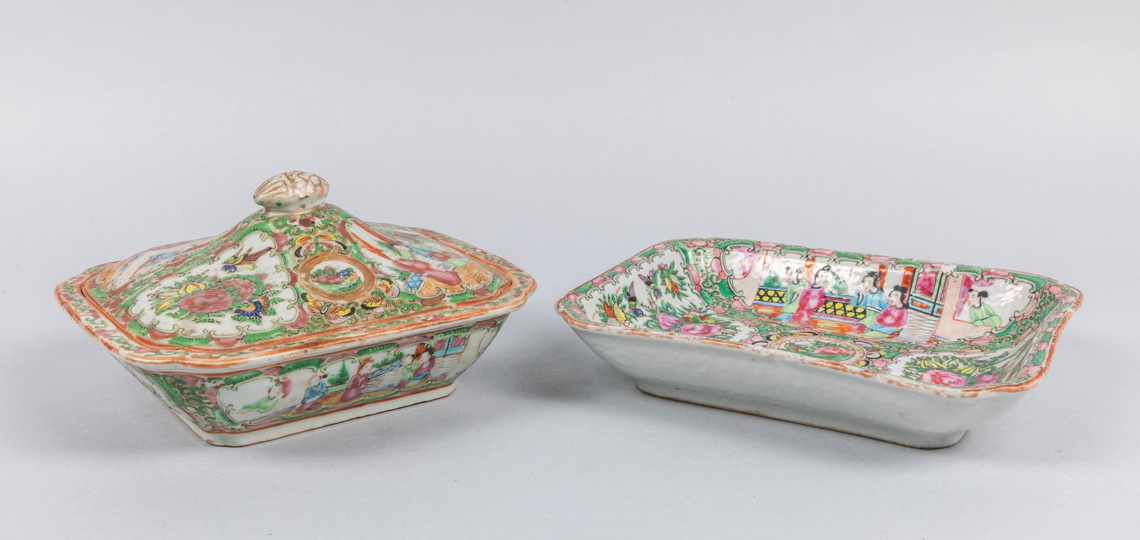 19th Chinese Antique Rose Famille Porcelain Long Bowl: Chinese 19th export rose famille porcelain bowl with cover & tray. 9 inch L ( tray )