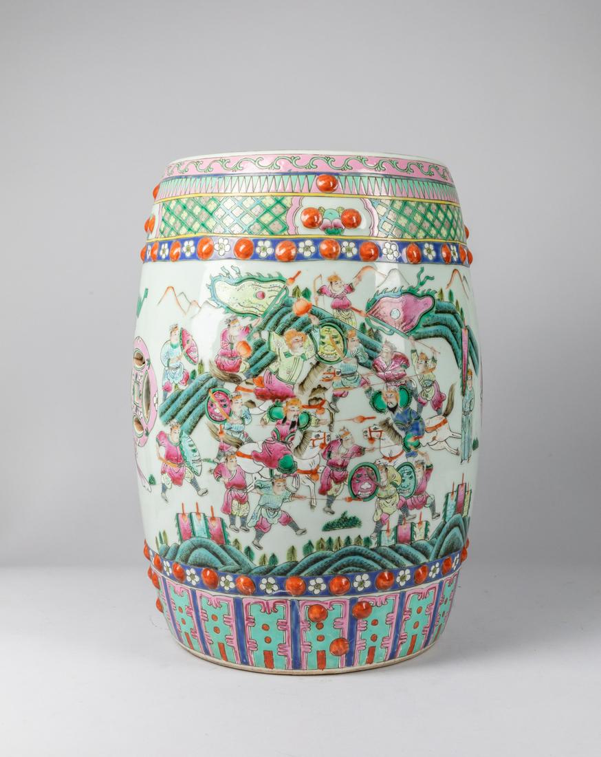 Chinese Export Famille Rose Porcelain Drum Seat: Chinese hand painted porcelain drum seat, famille rose, 18.5 inch H.