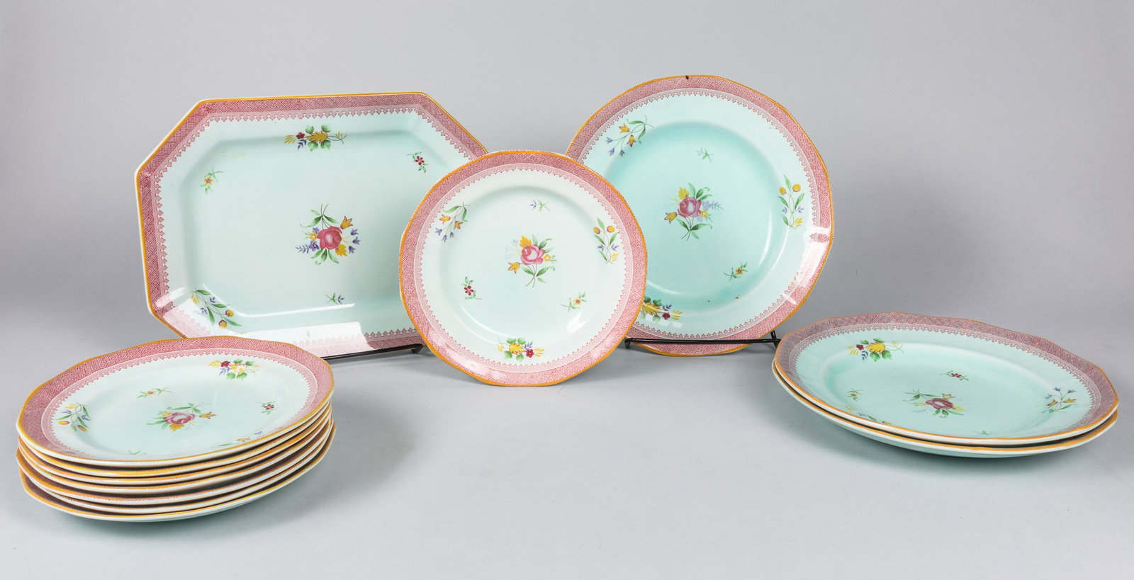 Collection of English Ironstone Porcelain Plates, Adams: Group of twelve pieces of Lowestoft flat wares. Adams calyx ware. Minor chips. 12-9 inch (largest)