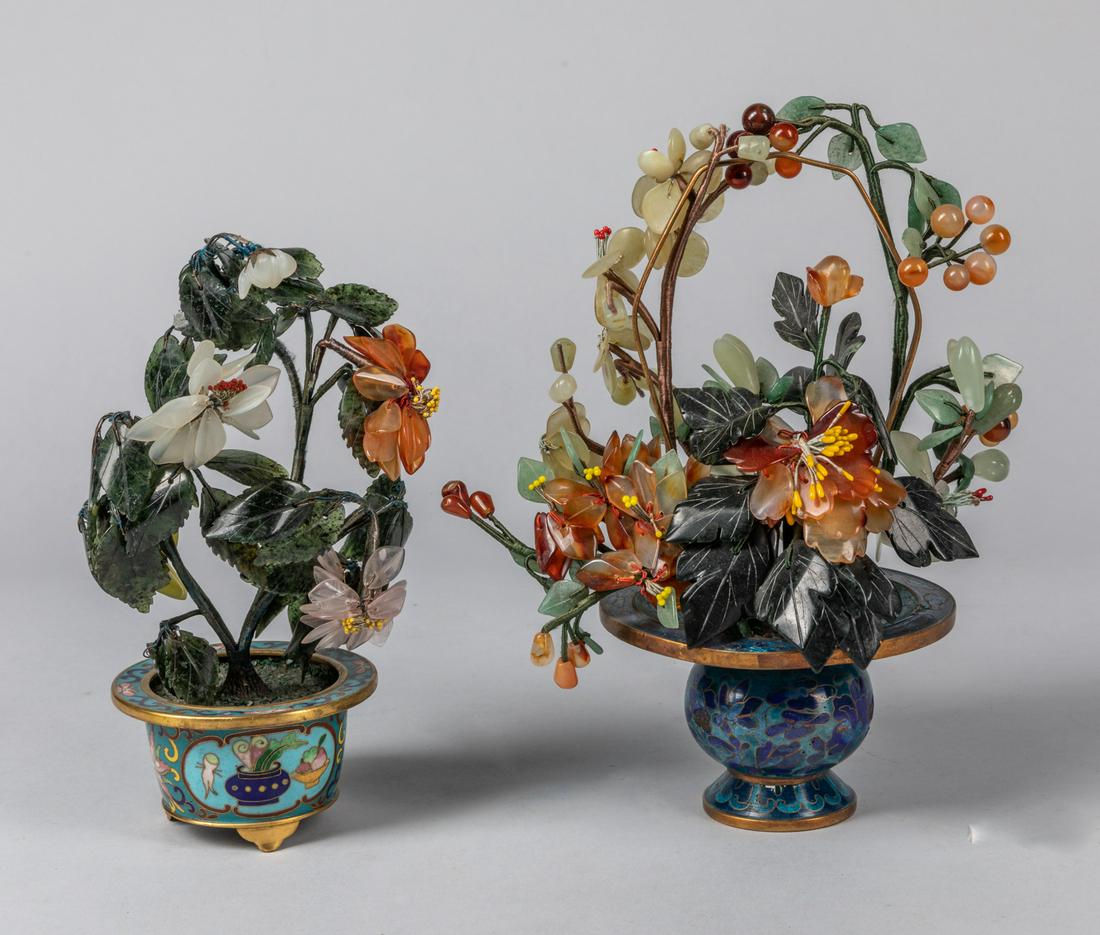 Group of Chinese Old Cloisonne Trees: Group of Chinese export trees with cloisonnÃ© pot and jade, agate, stone carvings. 8.8 inch H (largest)