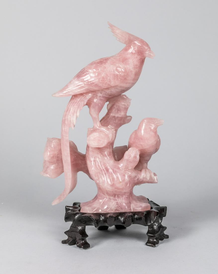 19th Chinese Antique Carved Rose Quartz Figure: 19th Chinese antique carved rose quartz figure of bird, with wood stand, minor chips, 9.5 inch H. The estate of King Chun Lun, CA, 1999