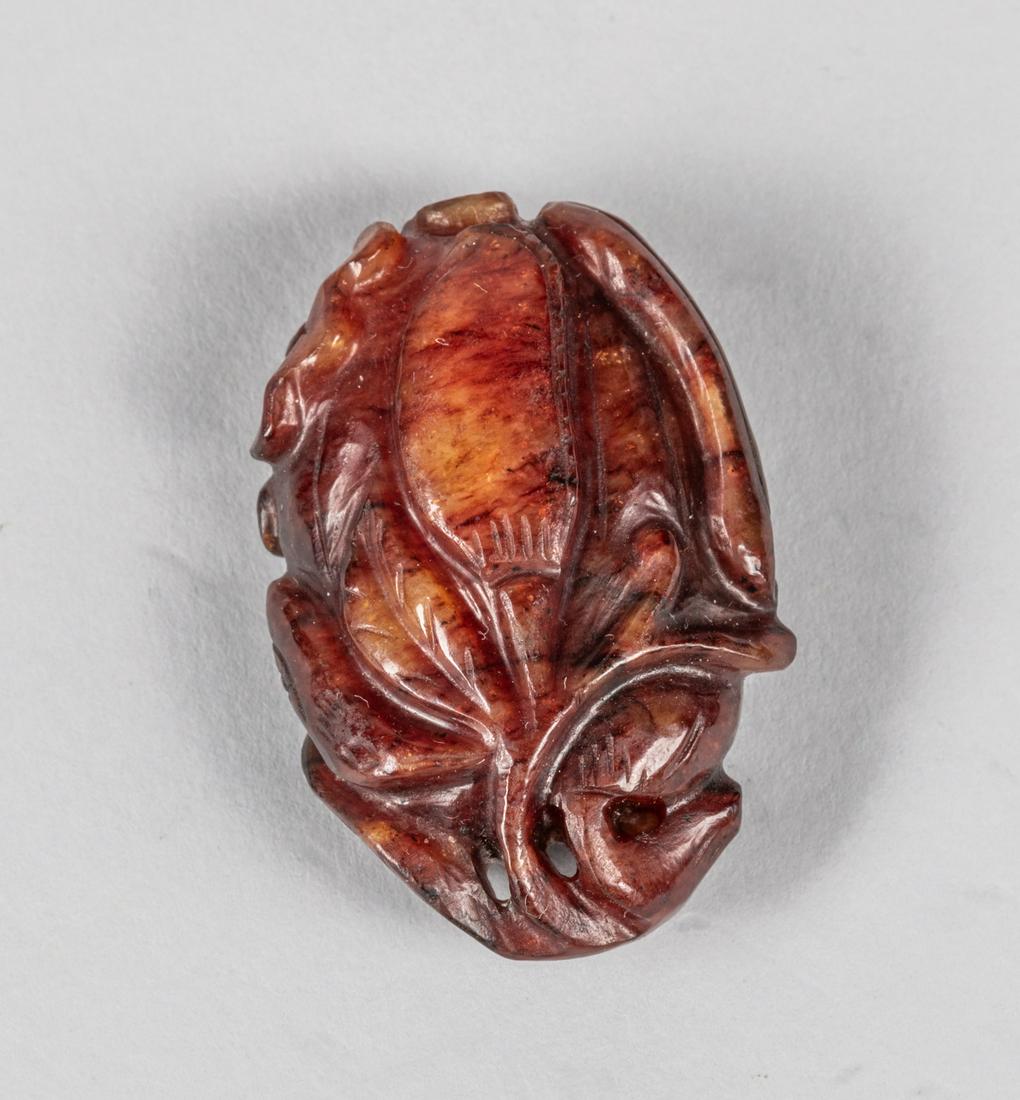 Chinese Antique Carved Jade Toggle: Chinese antique carved burnt jade toggle of fruit & flower. 1.5 inch L