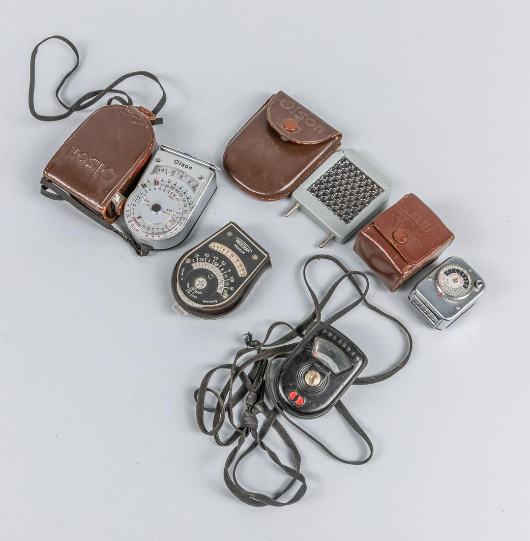 Vintage German Selenium Light Meter: Group of five selenium light meters, three of them in original cases, two Oison, Bertram Amateur, Polaroid, BEWI, 3 inch L ( largest )