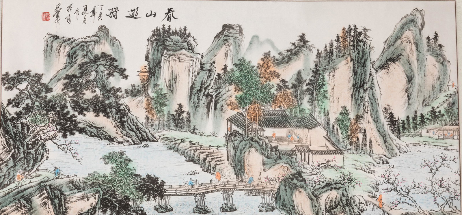Chinese Hanging Scroll: Riding in Spring: Landscape scroll, depicting a harmony scene of mountain side house with people walking by it. 24*50 inch