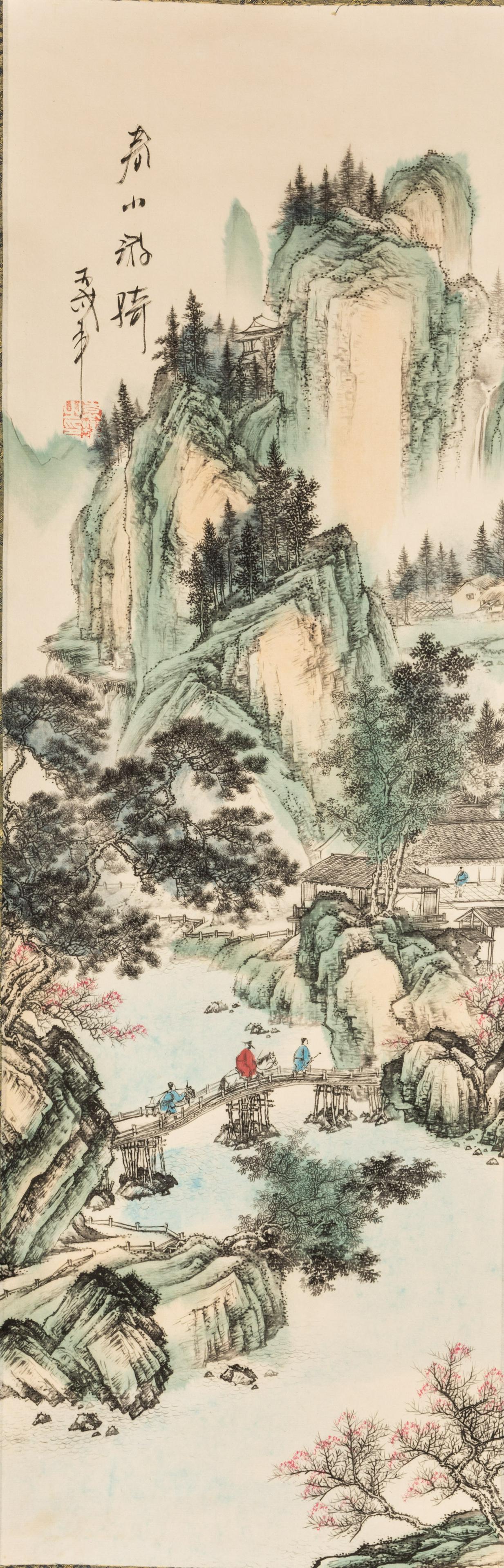 Chinese Hanging Scroll: Riding in the Spring Mountains: Portrait scroll, depicting a scene with a man riding toward a mountain with beautiful scenes. 11*32.5 inch