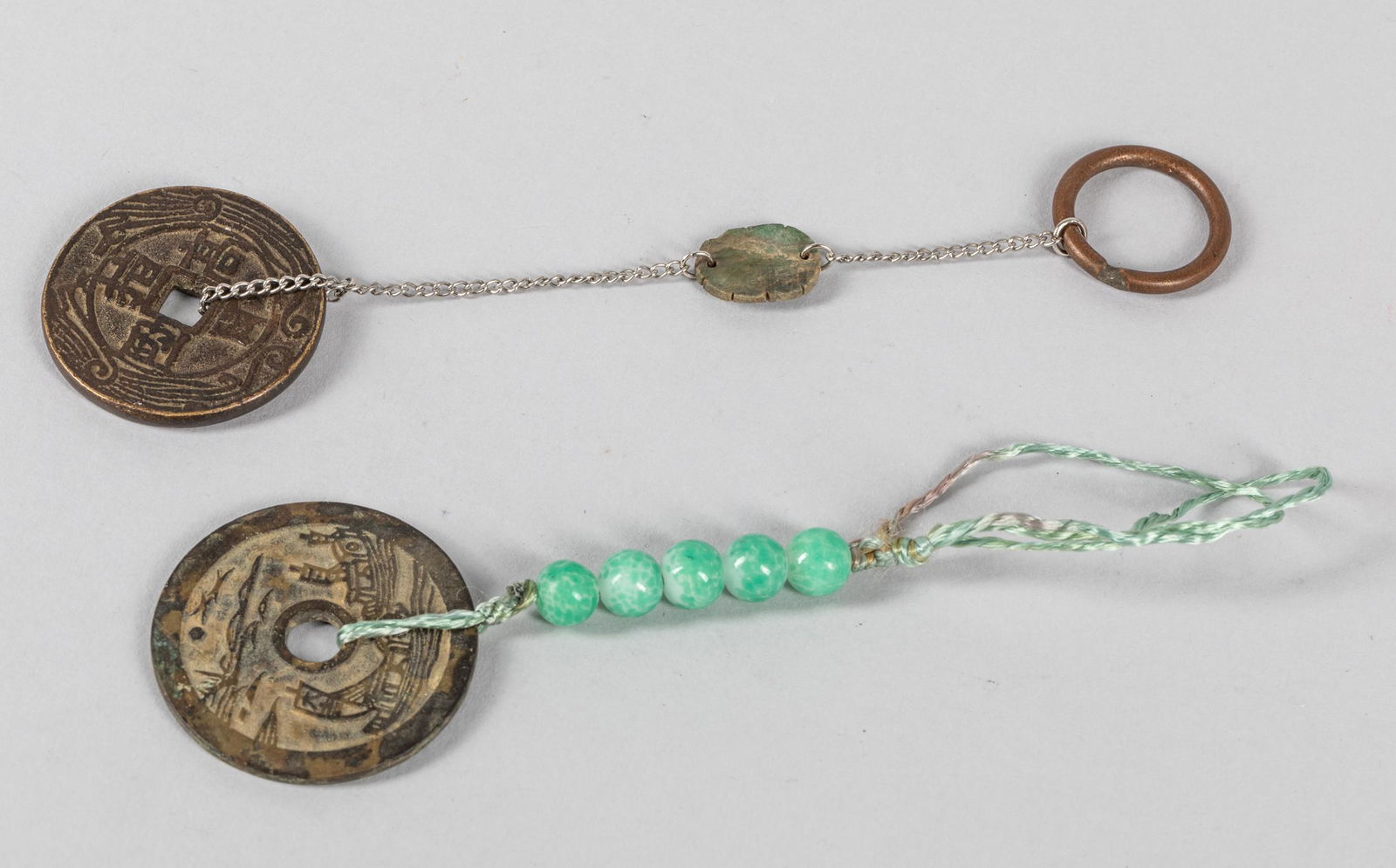 Collectible Chinese Antique Coin Pendant: Group of two Chinese old coin pendant. 1.75 inch D. (largest). Hong Kong decorated, 1950-1970.
