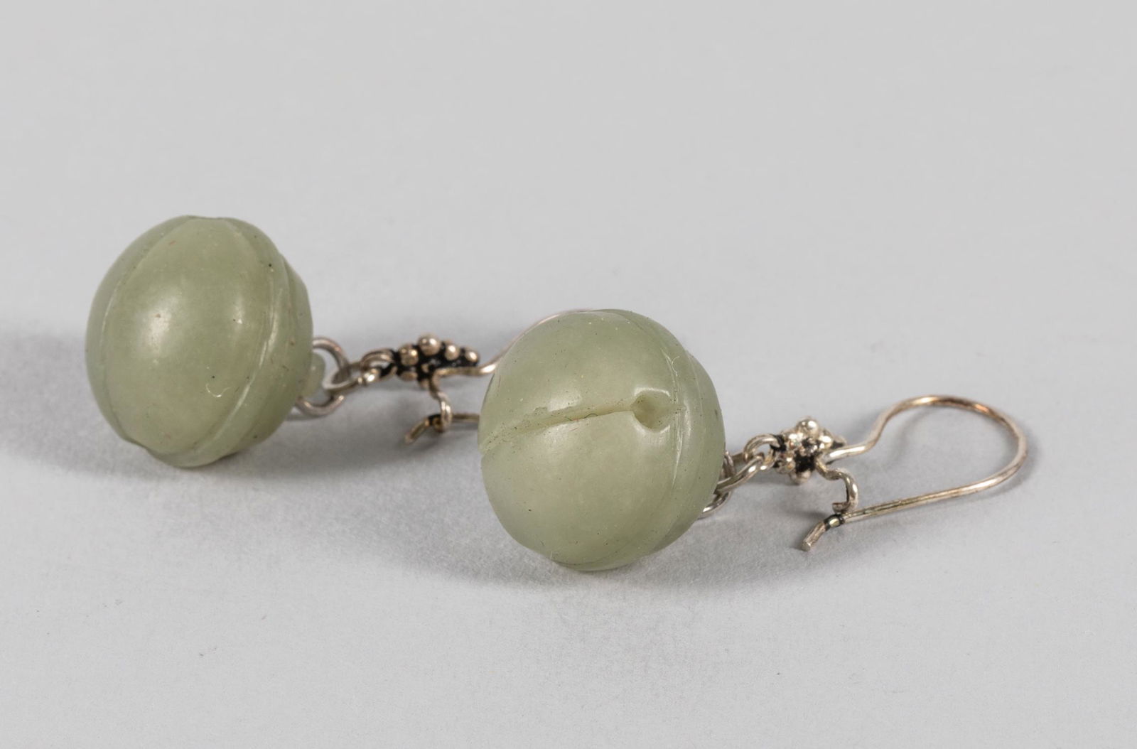 Pair of Chinese Antique Jade Earrings: 1.5 inch L.