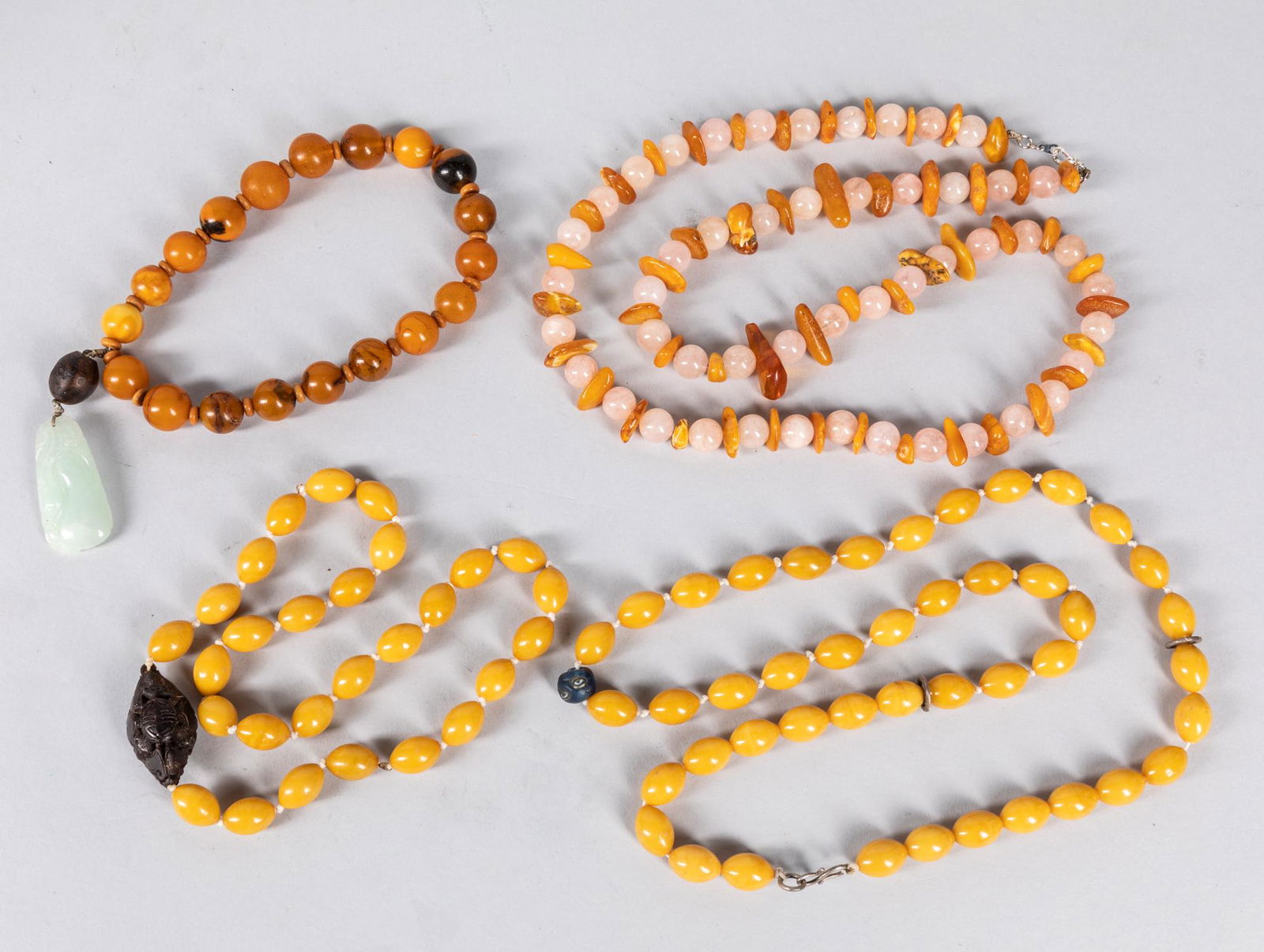 Chinese Antique Export Amber & Gem Stone Prayer Beads: Group of 4 Chinese 1970-1980 period export amber & gem stone prayer beads / necklace. 6.94 oz. The Estate of the Los Angeles China Town Store Closed Sale 2019, #12-1229