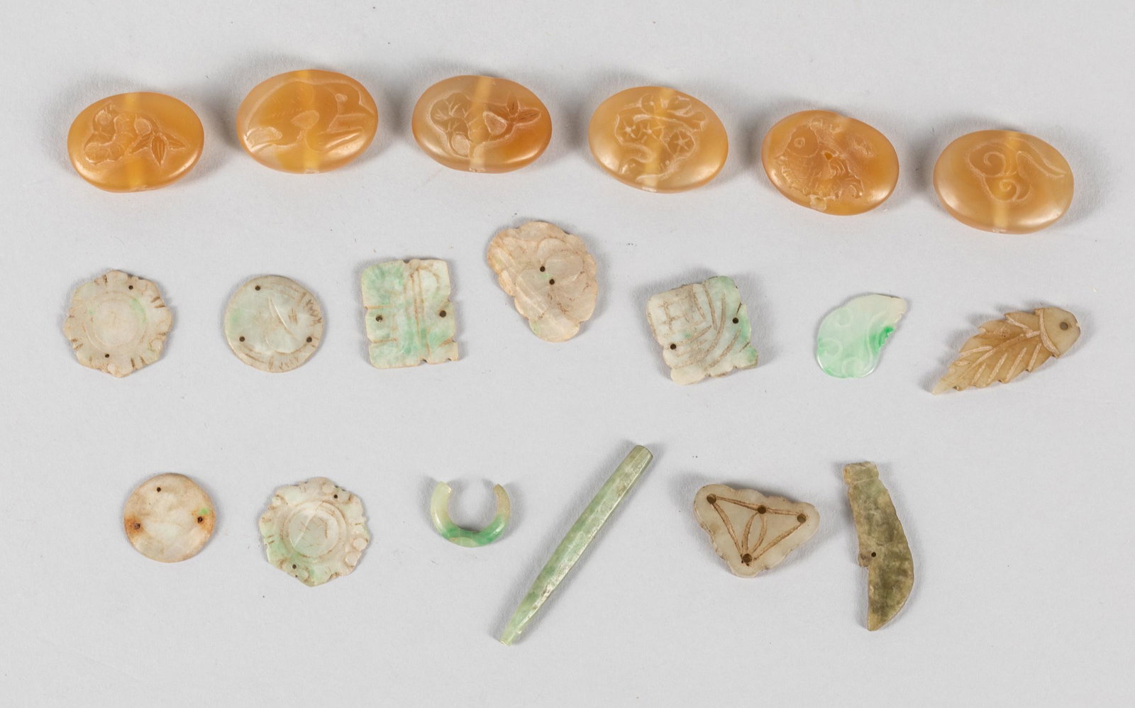 Group of Chinese Jade & Agate Carvings: Total of 19 pieces. Collection of Chinese jade & agate carvings. 1 inch L. (largest)