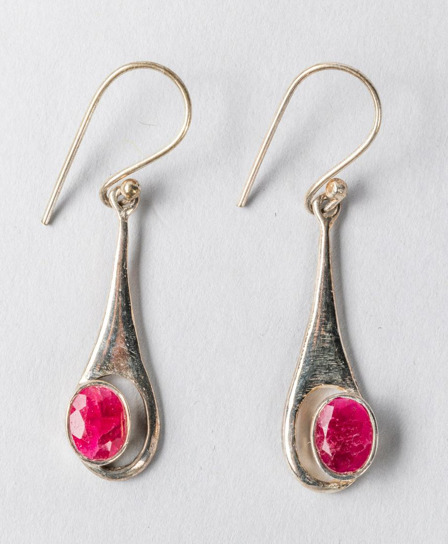 Pair of Sterling Silver & Ruby Earrings: Size: 1.75 inch L