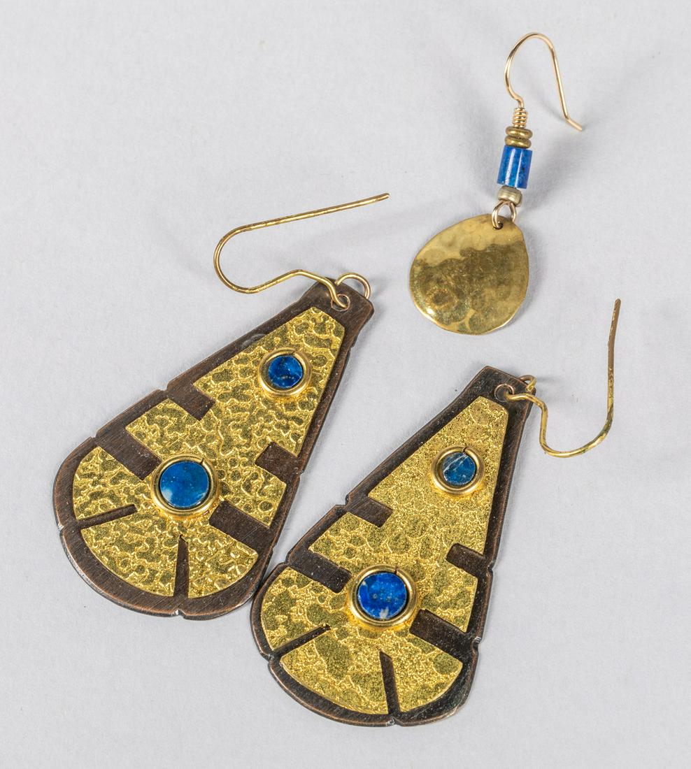 A Pair Of Chile Comez Mixed Metal Earrings: The earrings made of brass, copper and lapis, stamped by comes Chile