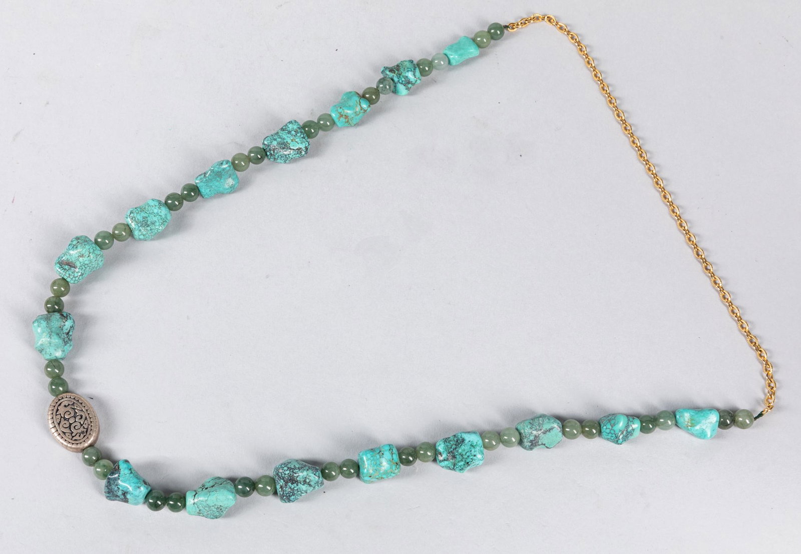 Chinese Export Jadeite & Turquoise Necklace: Chinese 1960-1990 period turquoise & jadeite necklace. 15 inch L. The Estate of the Los Angeles China Town Store Closed Sale 2019, #12-1230.