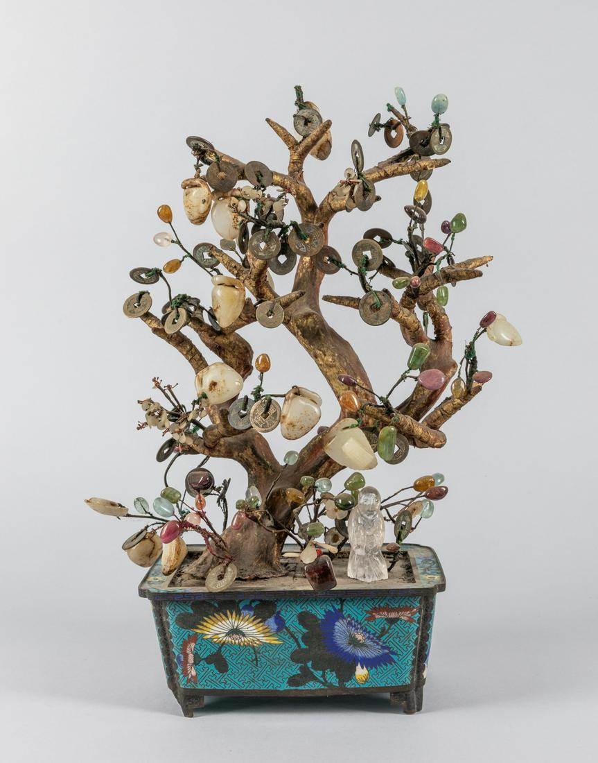 Tall Chinese Antique Coins & Jade Bonsai with Cloisonne: Tall Chinese Cloisonne bonsai composed by carved jade, rock crystal & coins. 1880-1920. 9-6.25-4 inch. (Cloisonne pot size)
