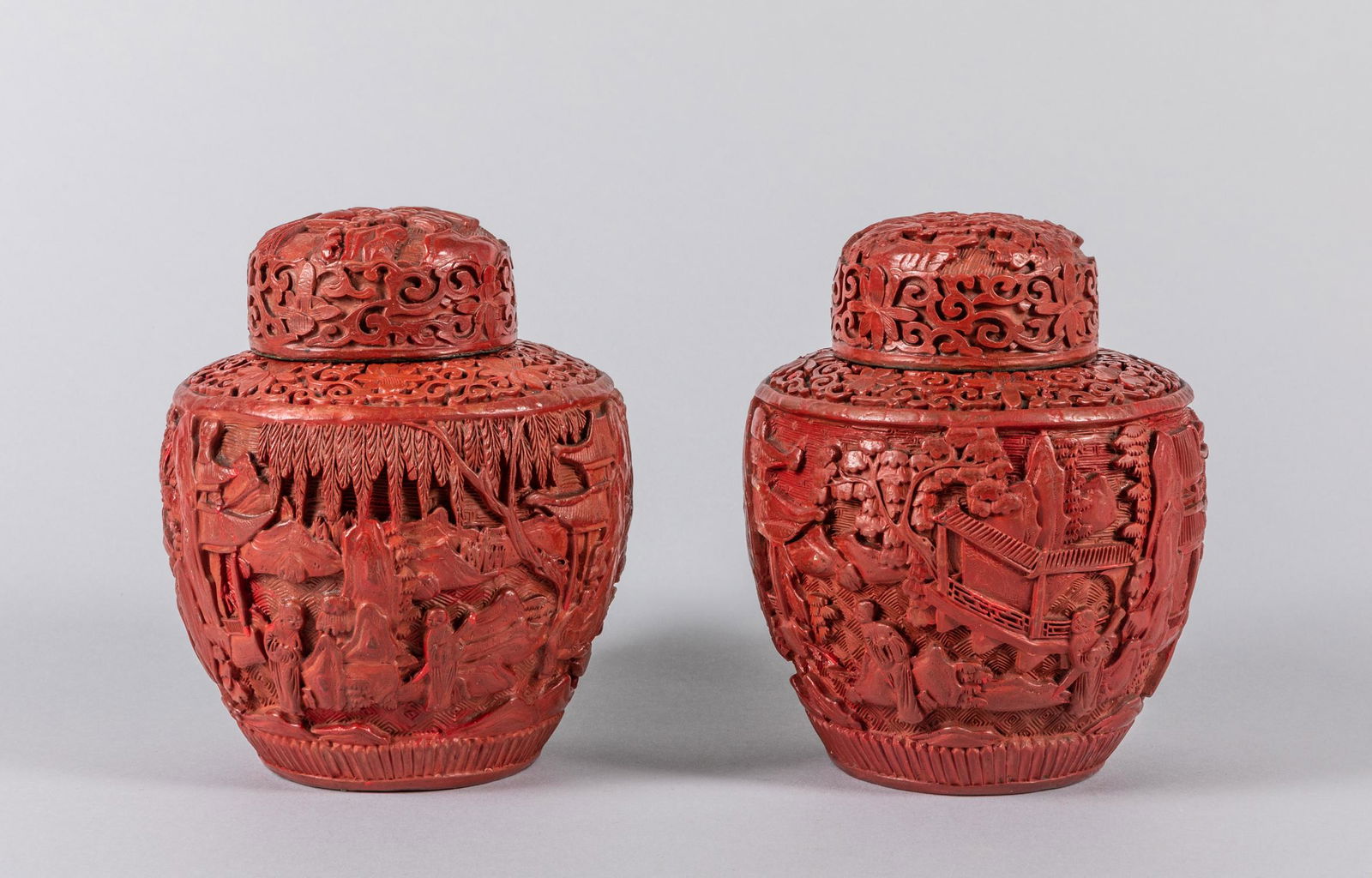 Pairs of Chinese Antique Cinnabar Jar: Nice detailed & antiques carved cinnabar on bronze jar. With decoration of landscape, republic period. 6 inch H.