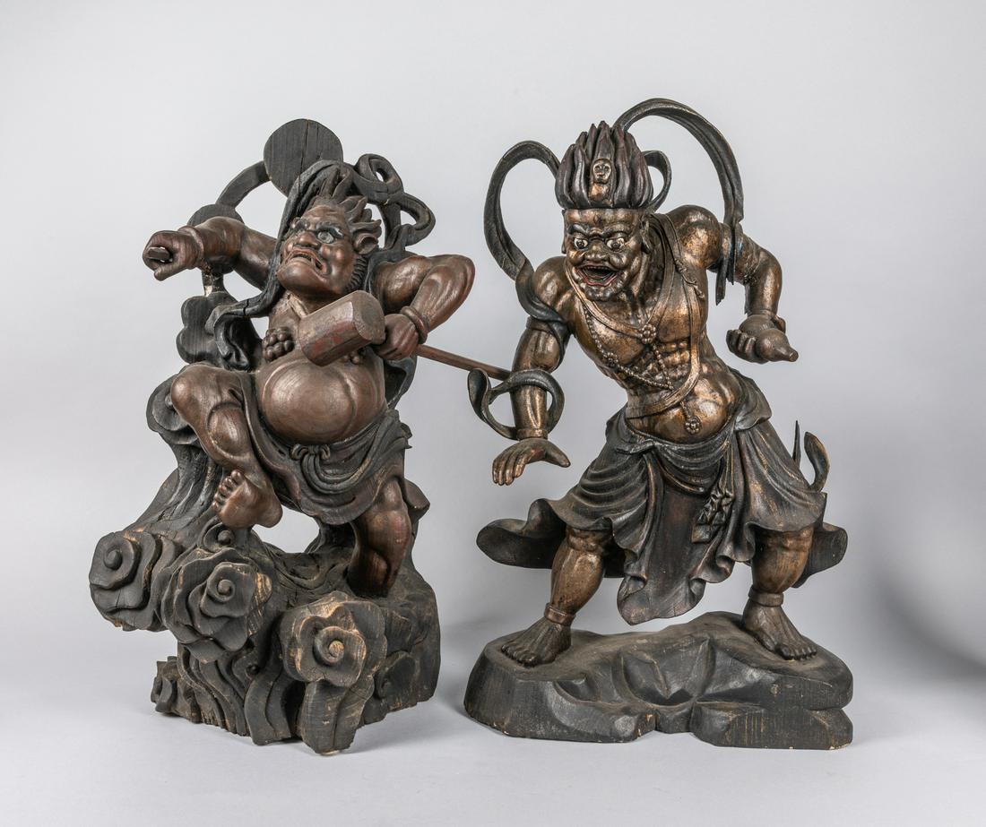 Pairs of Japanese Meiji Period Antique Wood Sculpture: Pairs of Tall Japanese Meiji period hand carved wood sculpture of Lux. Minor chips. 23 inch H.
