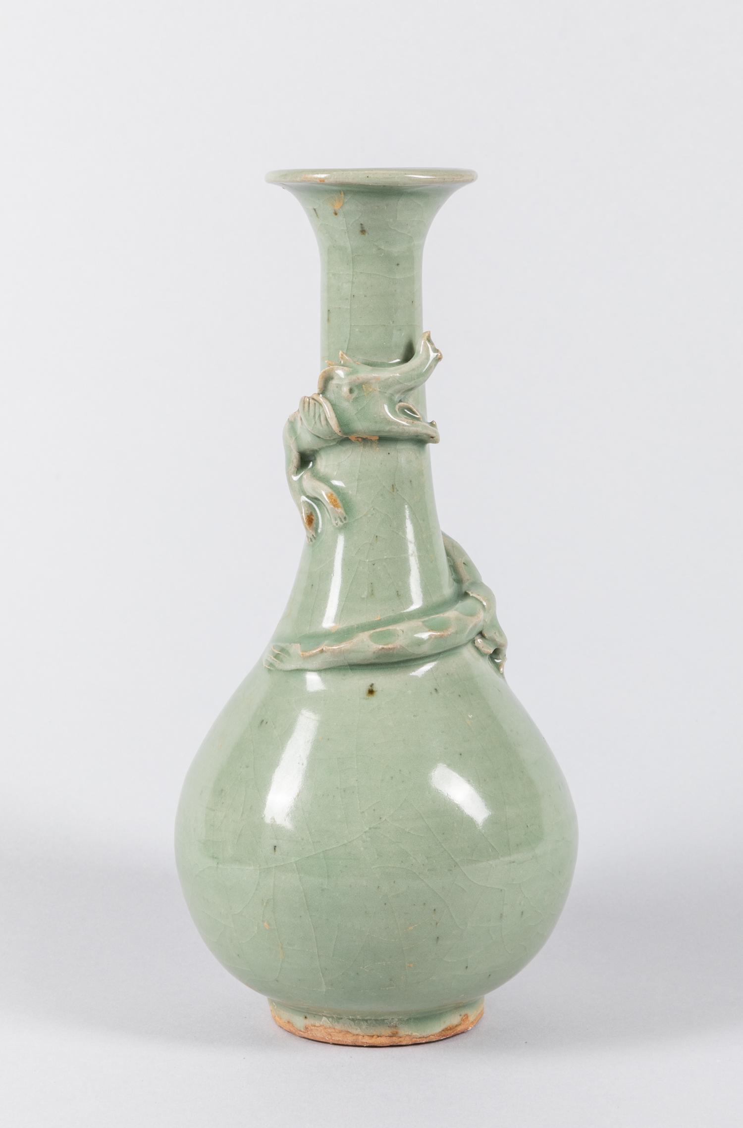 Korean Joseon Celadon Glazed Dragon Vase: Rare and nice Korean Joseon-shape celadon glazed dragon vase. 11.5 inch H.
