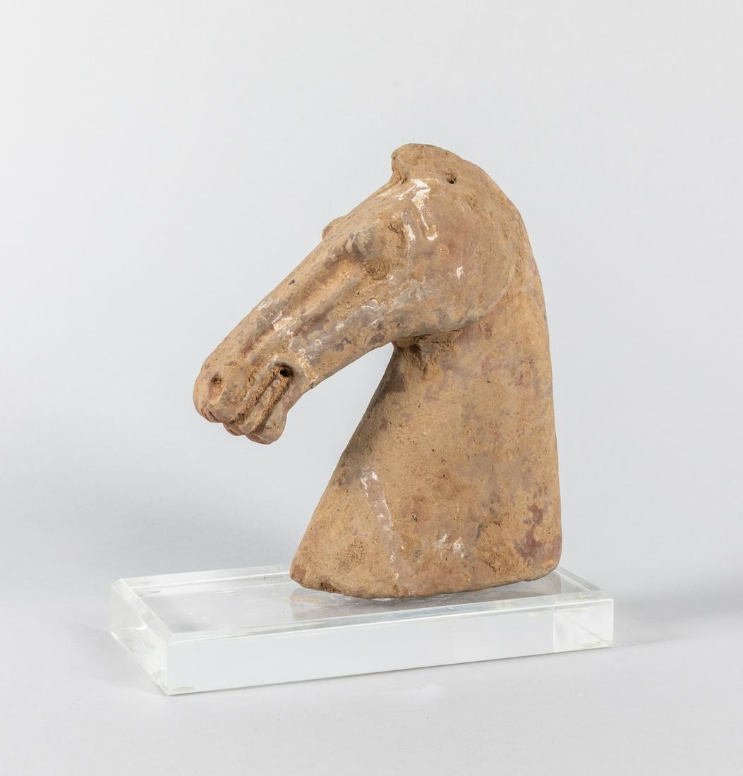 Chinese Han-shape Pottery Horse Head: Chinese pottery horse head on Yakeli board stands. 8 inch H.