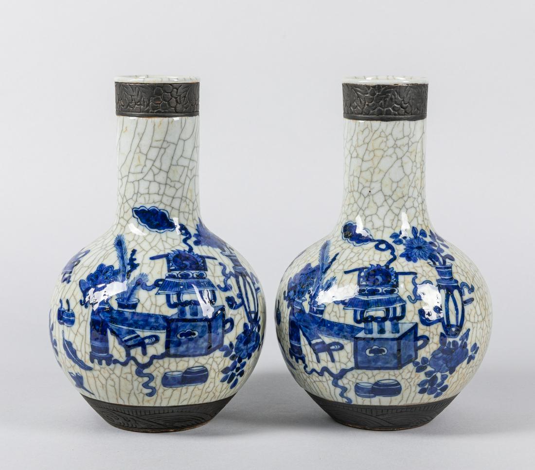 Pair Chinese Antique Blue White Crackle Glazed Vases: Pair Chinese antique blue white crackle glazed vase. 10.3*6.2 inch