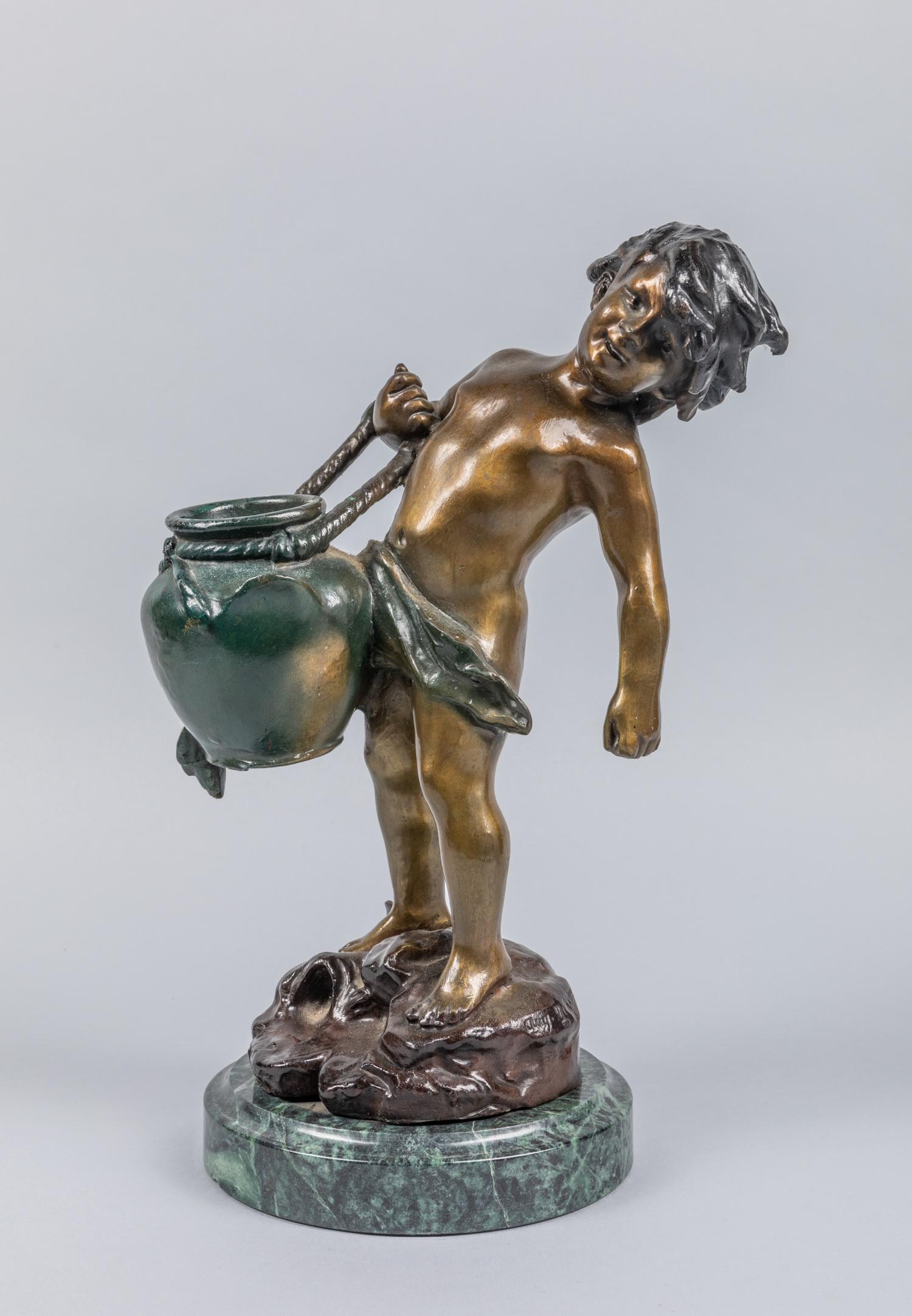Vintage Bronze Sculpture Little Boy: Depicted one boy carrying a pot, standing on the piece of marble stone. The estate of John Lee,1990. 12.8*6.1 inch