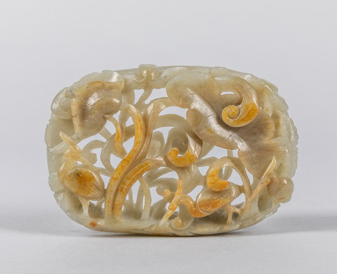 17th Chinese Antique Jade Carvings: Large Chinese carved jade of lotus & bird. The Estate of the Rodriguez. 1996.