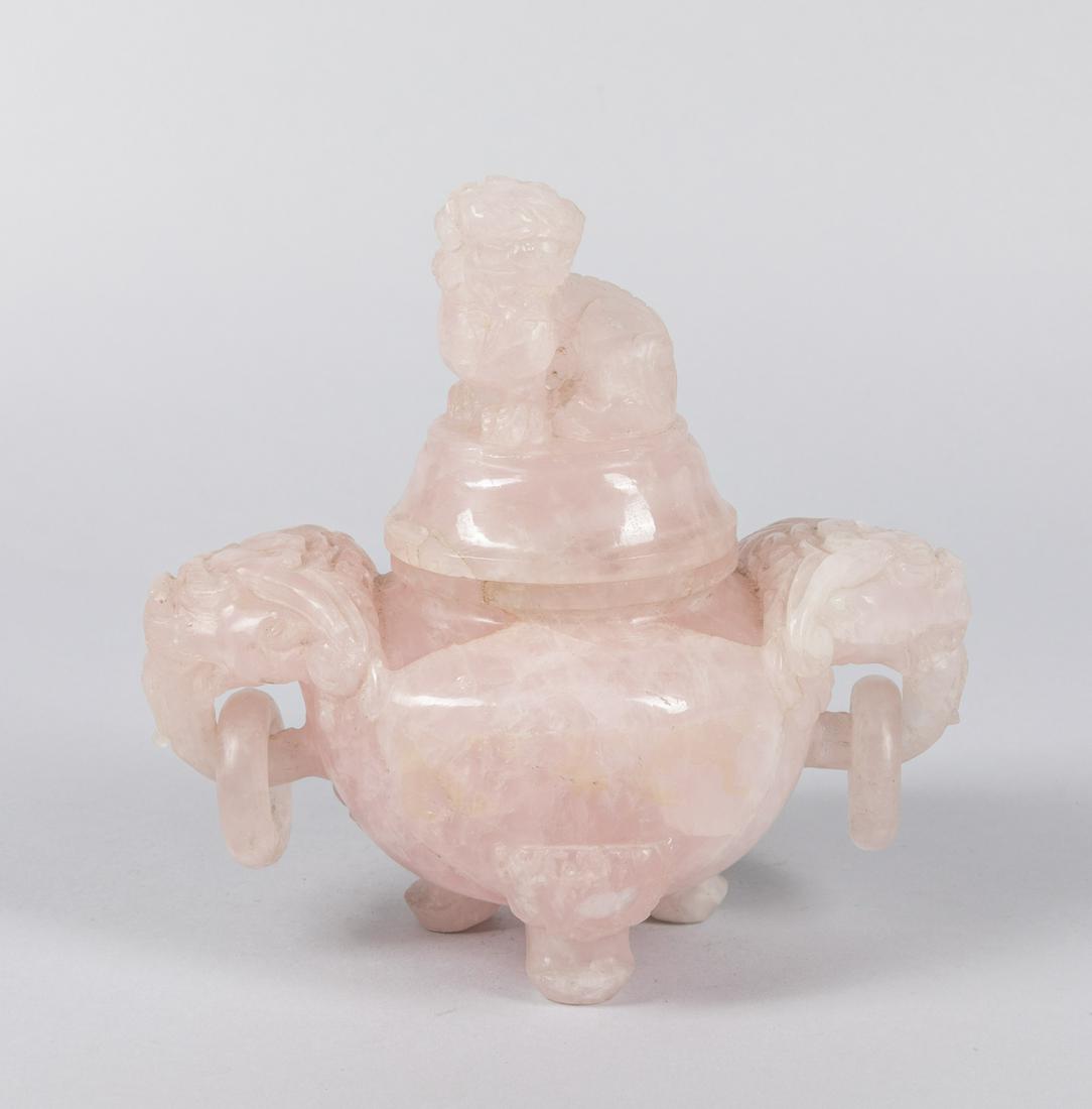 Chinese Antique Rose Quartz Tripod Censer: Supported on three feet, the body flanked by a pair of mythical beast head, suspended with mock ring, with a fitted cover. 7.5*7.3 inch