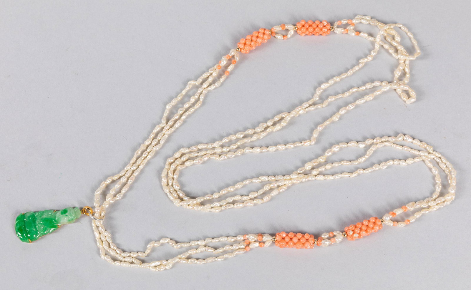 Chinese Export Coral Like, pearl & Jadeite Necklace: 18 inch L; 1.16 oz W. The Estate of the Los Angeles Antique Store Closed Sale, 2020.