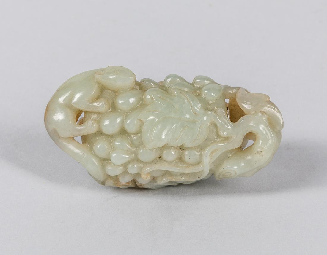 18-19th Chinese Antique White Jade Toggle: Large size Chinese white jade toggle of squirrel & tree. 3.4 inch L. The Estate of the Rodriguez. 1996.