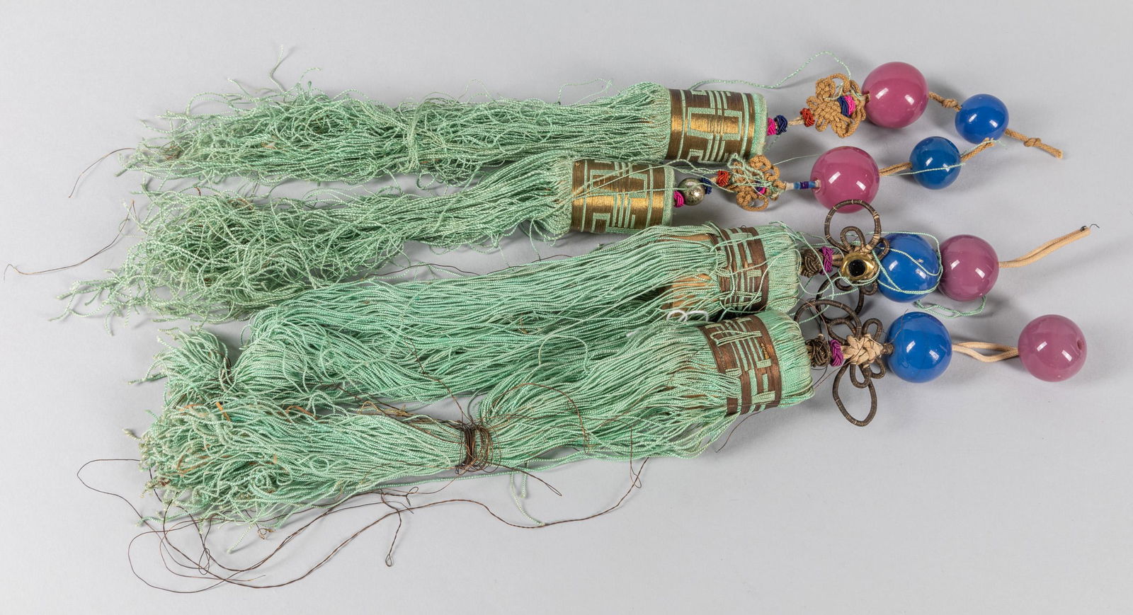 Set of Chinese Antique Silk & Glass Pendant: Set of four large pendent. 1.2 inch D (largest beads); 17 inch L.