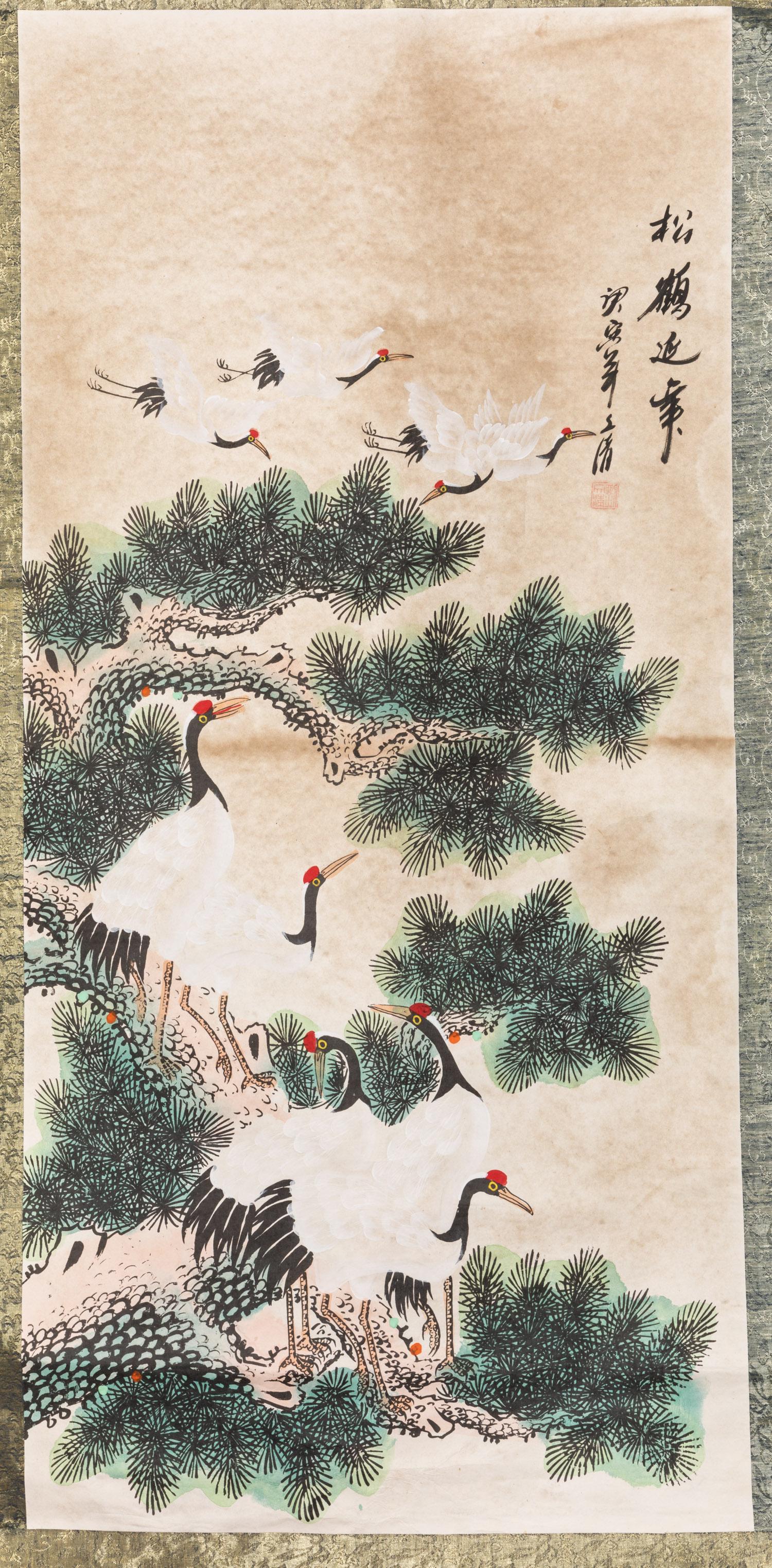 Chinese Old Painting Cranes: Hanging on scroll, depicting cranes and pine tree pattern, seal sign. Approximately 24.1*51.3 inch (without frame)