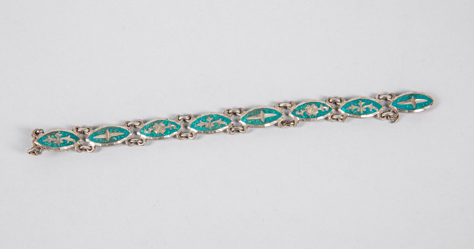 Collectible Joy Mex Enameled Silver Bracelet: Turquoise color, enameled sterling silver bracelet, Joy Mex. 8 inch L.