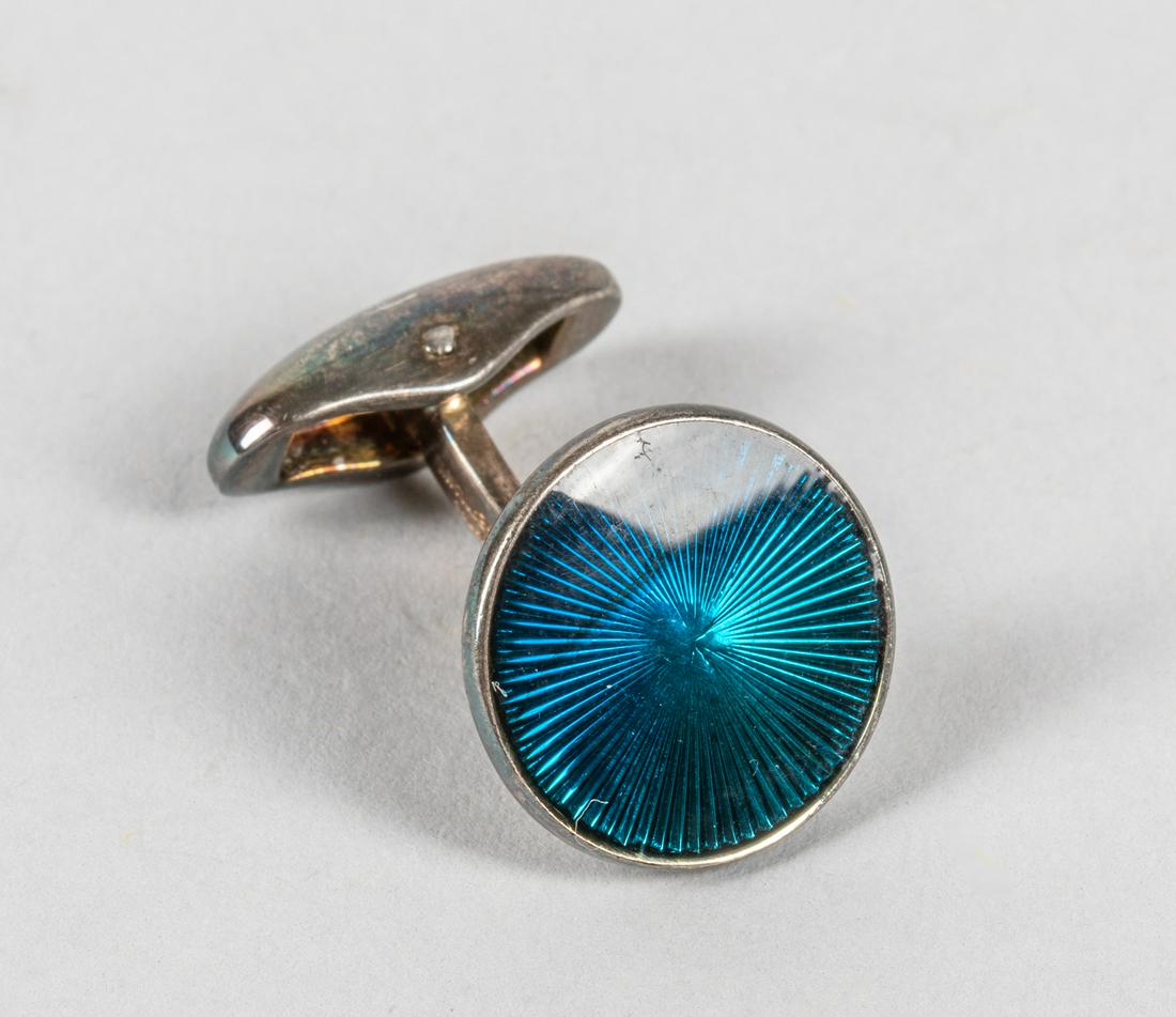 Single Faberge Sterling Silver Cufflink: Blue enamel sterling faberge cufflink, faberge German, V925 stamped.