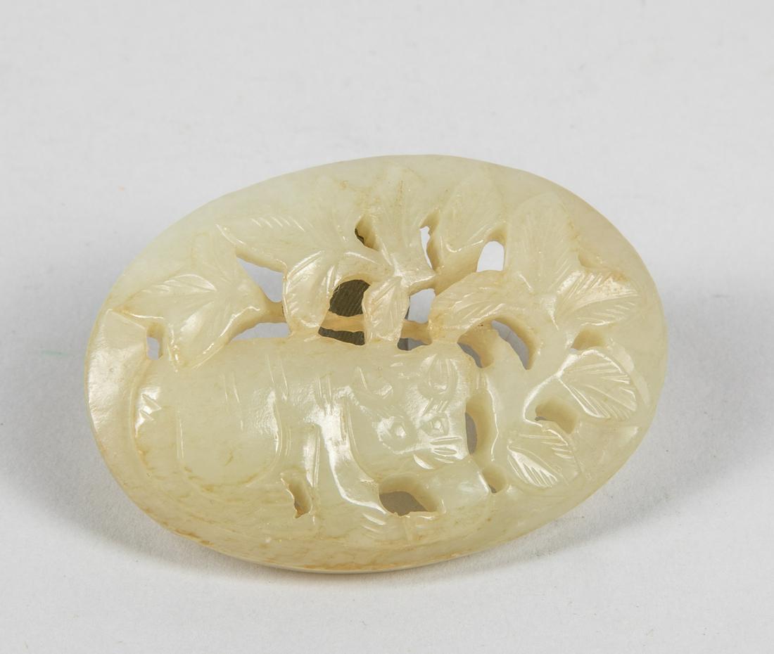 Chinese White Jade Carving: Open works carved white jade pendant of animal & tree decoration. 1.75-2.4 inch.
