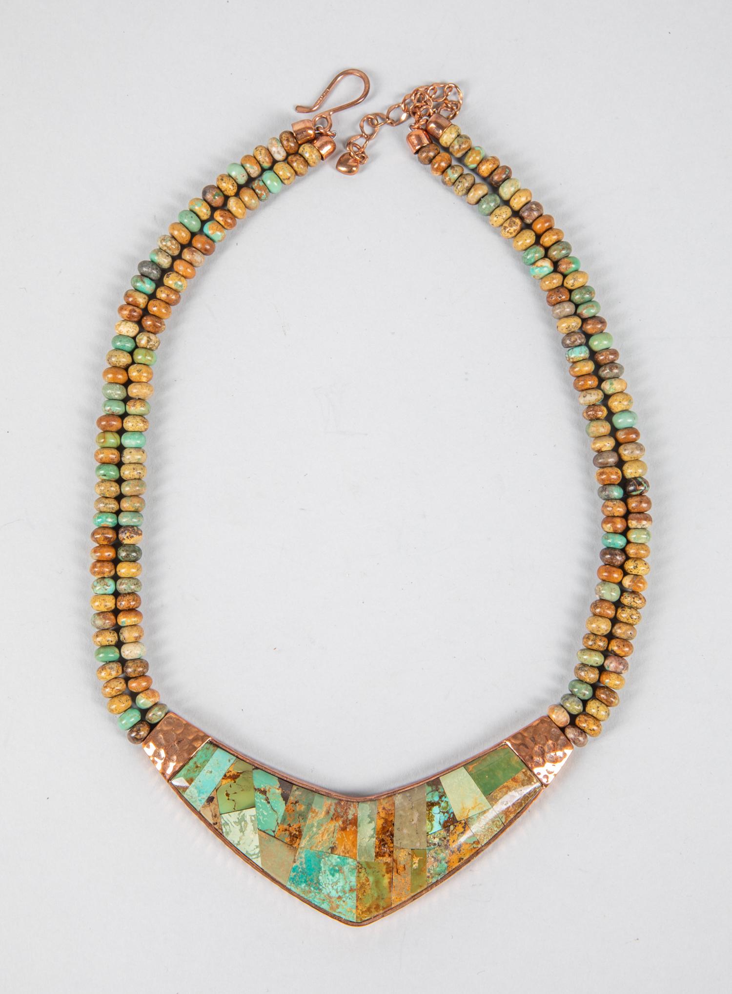 Important Jay King Designed Turquoise Necklace: Jay King hand made roystone blue & green turquoise & copper necklace. 18 inch L.