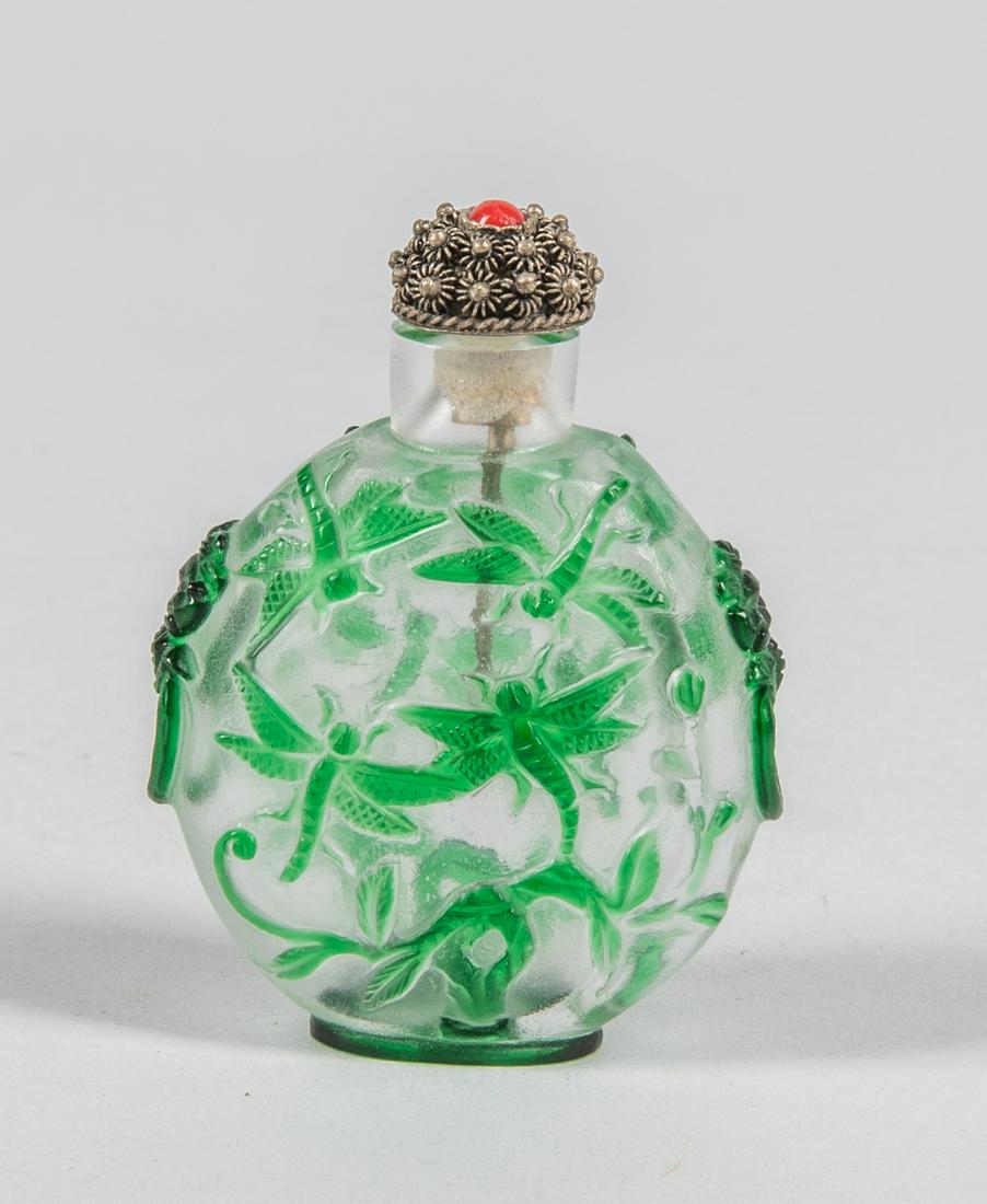 Chinese Old Overlay Glass Snuff Bottle: Old Chinese overlay glass snuff bottle; the rounded rectangular form design of dragonflies to both sides, 2.5 inch H; 1.8 inch W.