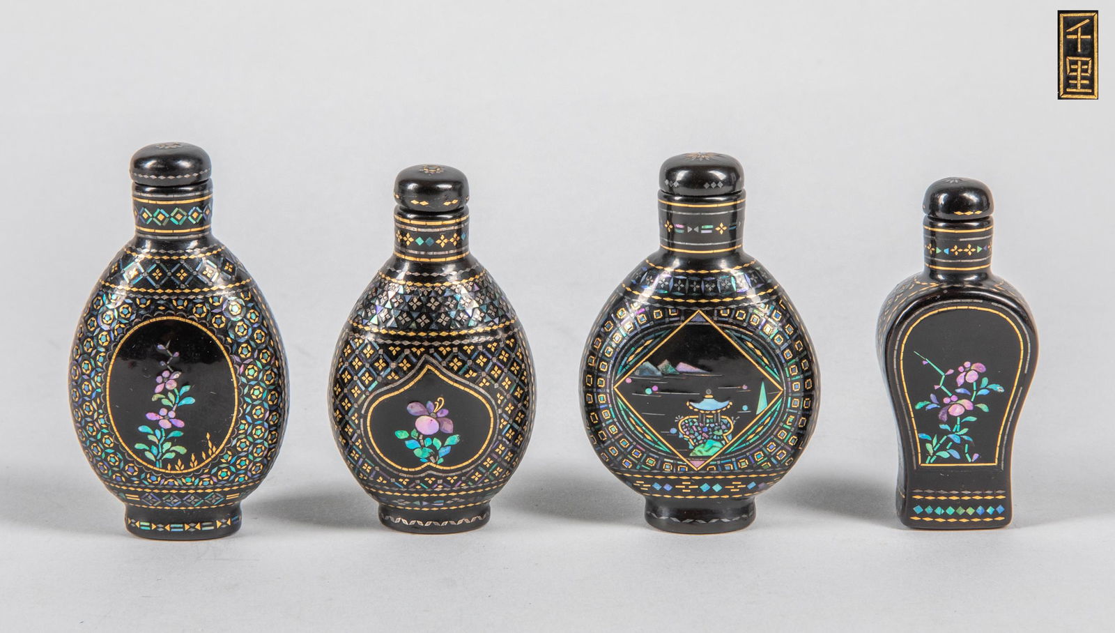 Set of Chinese Lacquer & Pearl Snuff Bottles: Group of 4 collectible Lacquer-wood & carved pearl snuff bottles, 1970-1980 period export, Minor chips. 2.7 inch H; 1.5 inch W. (largest).