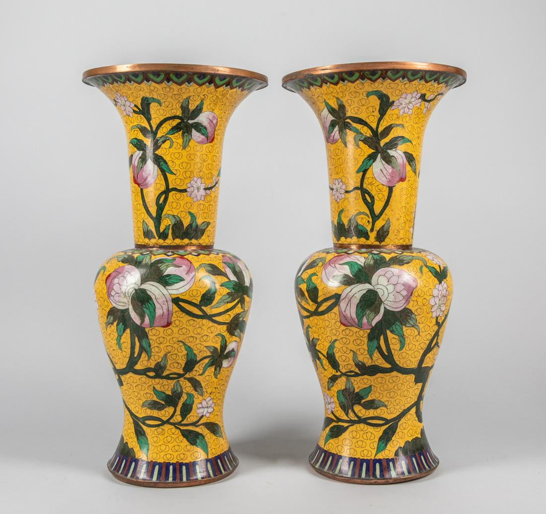 Pairs of Tall Chinese Antique Cloisonne Vase: Pairs of Chinese antique Cloisonne vase decorated with peaches. 18 inch H; 8.5 inch W. The estate of the Japanese Antique Store Closed Sale, Los Angeles, 2020.