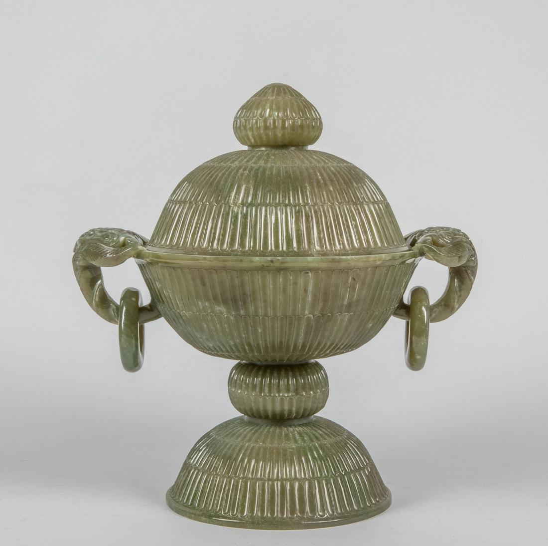 Tall Chinese Antique Green Jade Vase: 11.75 inch H; 10.5 inch W. The estate of the Japanese Antique Store Closed Sale, Los Angeles, 2020.