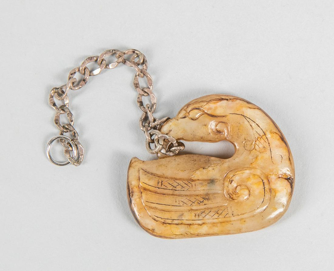 Chinese Jade Carving with Sterling Silver: Chinese jade carving decorated with bird. 1.75-1.3 inch.