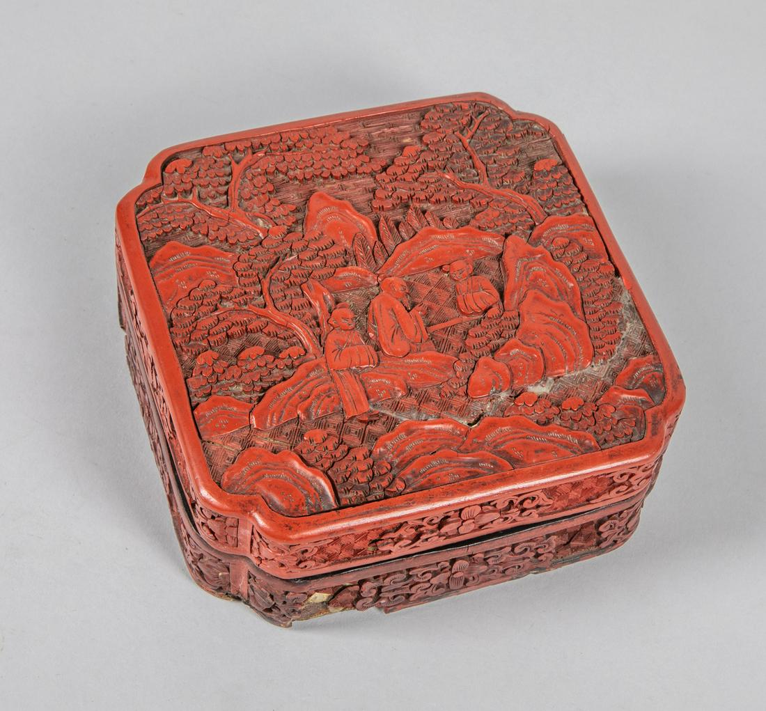 Chinese Antique Cinnabar Box: Minor chips. 6.5-6.5-2.25 inch