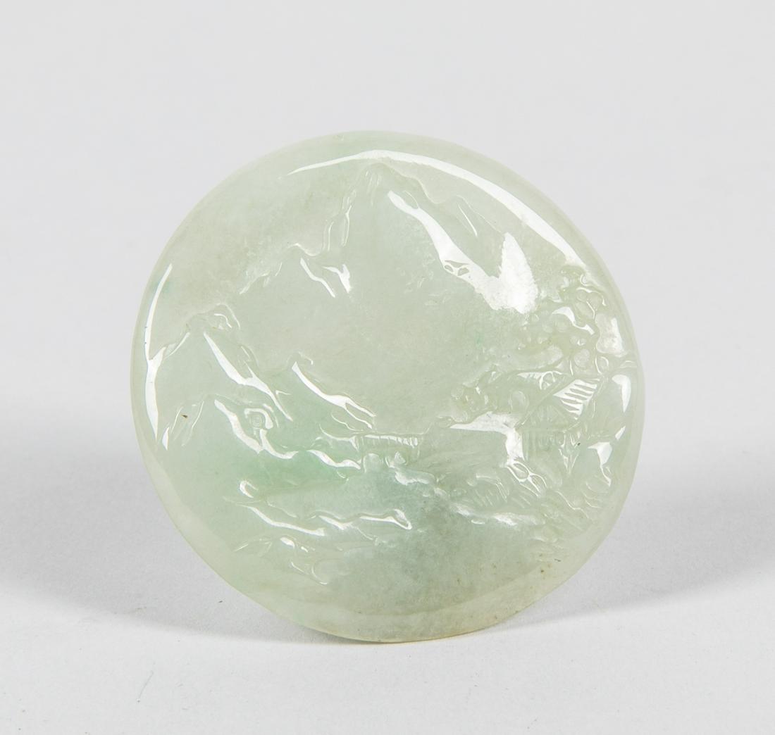 Chinese Export Jade Jadeite Carving: Of circular form, landscapes. 1.75 inch D.