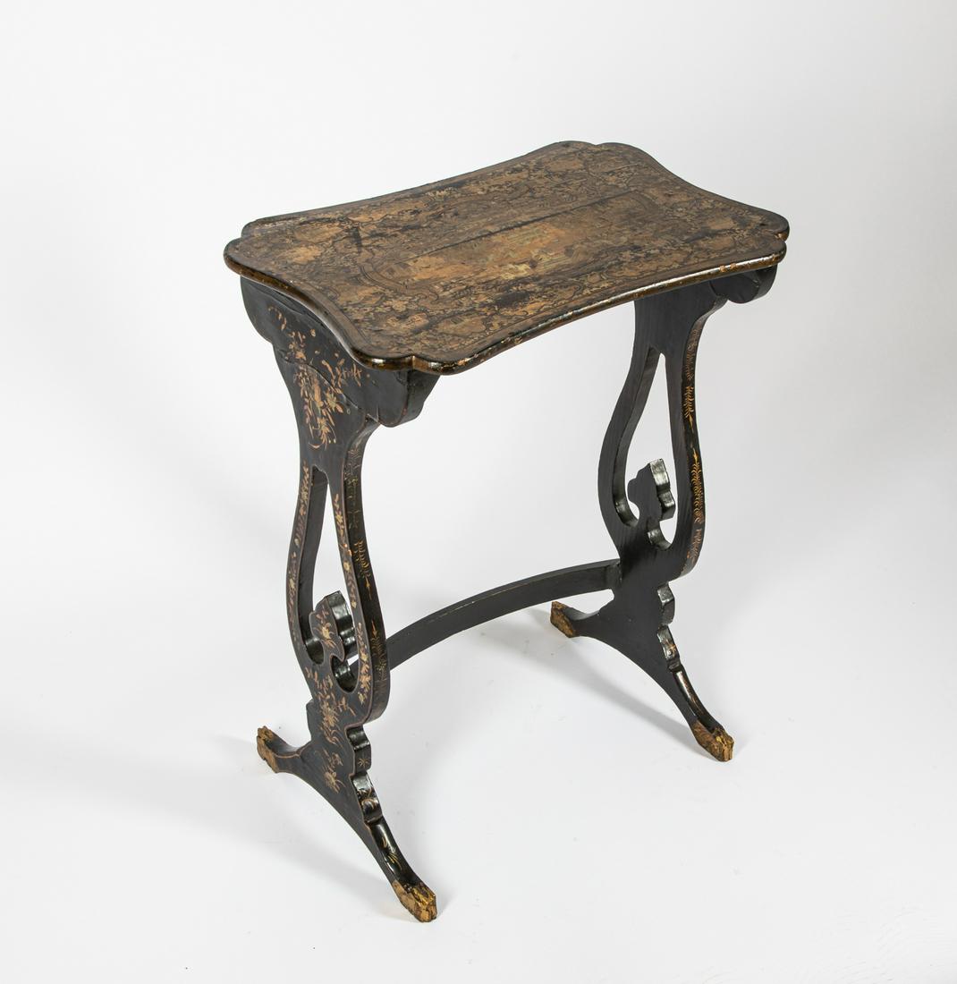 Chinese Antique Gilt Lacquer Table: of rectangular shape, supported by a rectangular plinth with pierced shaped panels raised on a slightly everted apron by four scroll feet, the upper decorated in multiple scenes, depicts a continuous