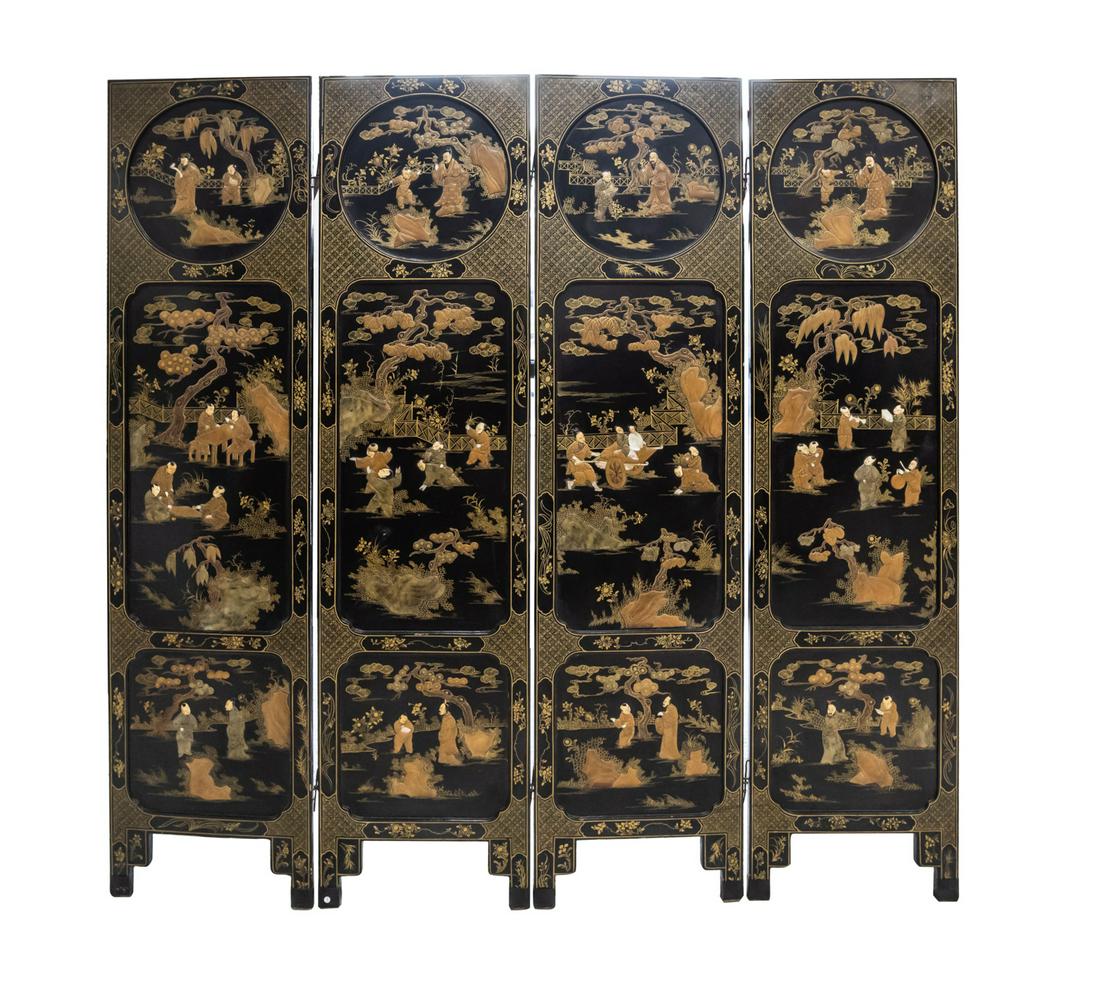 Chinese Lacquer Wood Folding Screen: Four panels coromandel screen, each carved with an auspicious and elaborate scene, with an official on a garden terrace holding a gui tablet in front of standing, dressed in a long sleeved robe checke