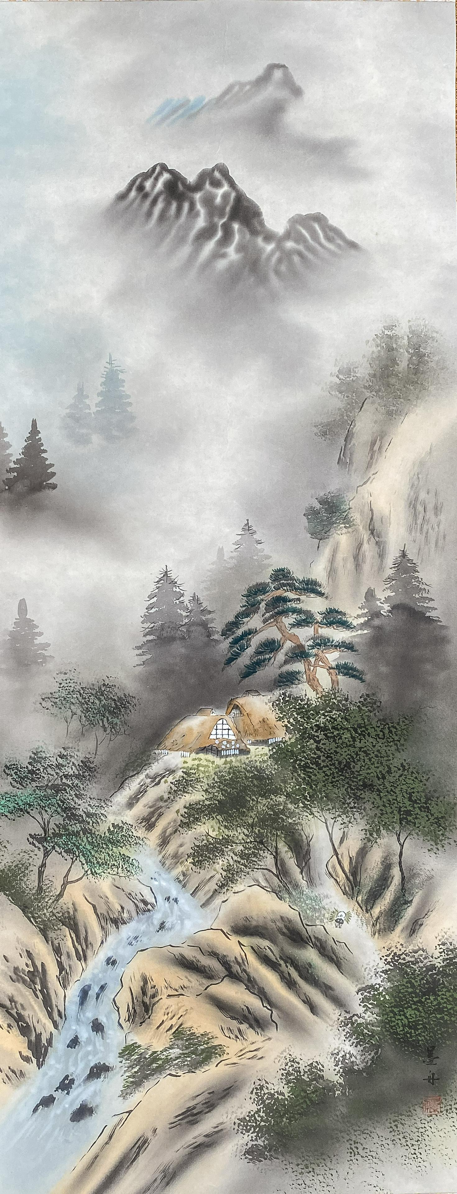 Japanese Painting Mountain Pavilion: Japanese old wall hanging on scroll, water color painting of landscapes & figures. Approximately 42-16 inch (without frame).