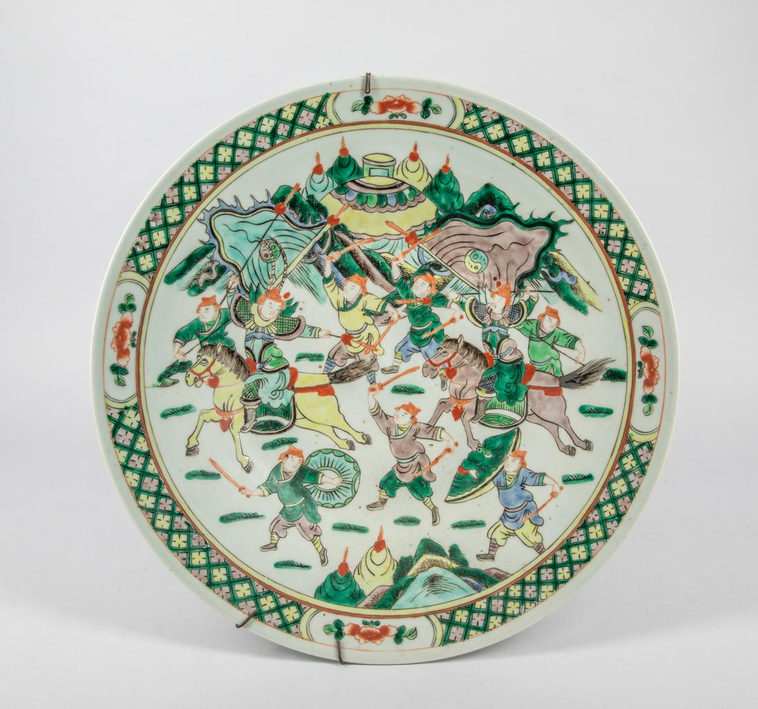 Large Chinese Antique Wucai Porcelain Plate: Chinese large wall hanging wucai porcelain plate decorated with figures. 16.25 inch D; 3 inch H.
