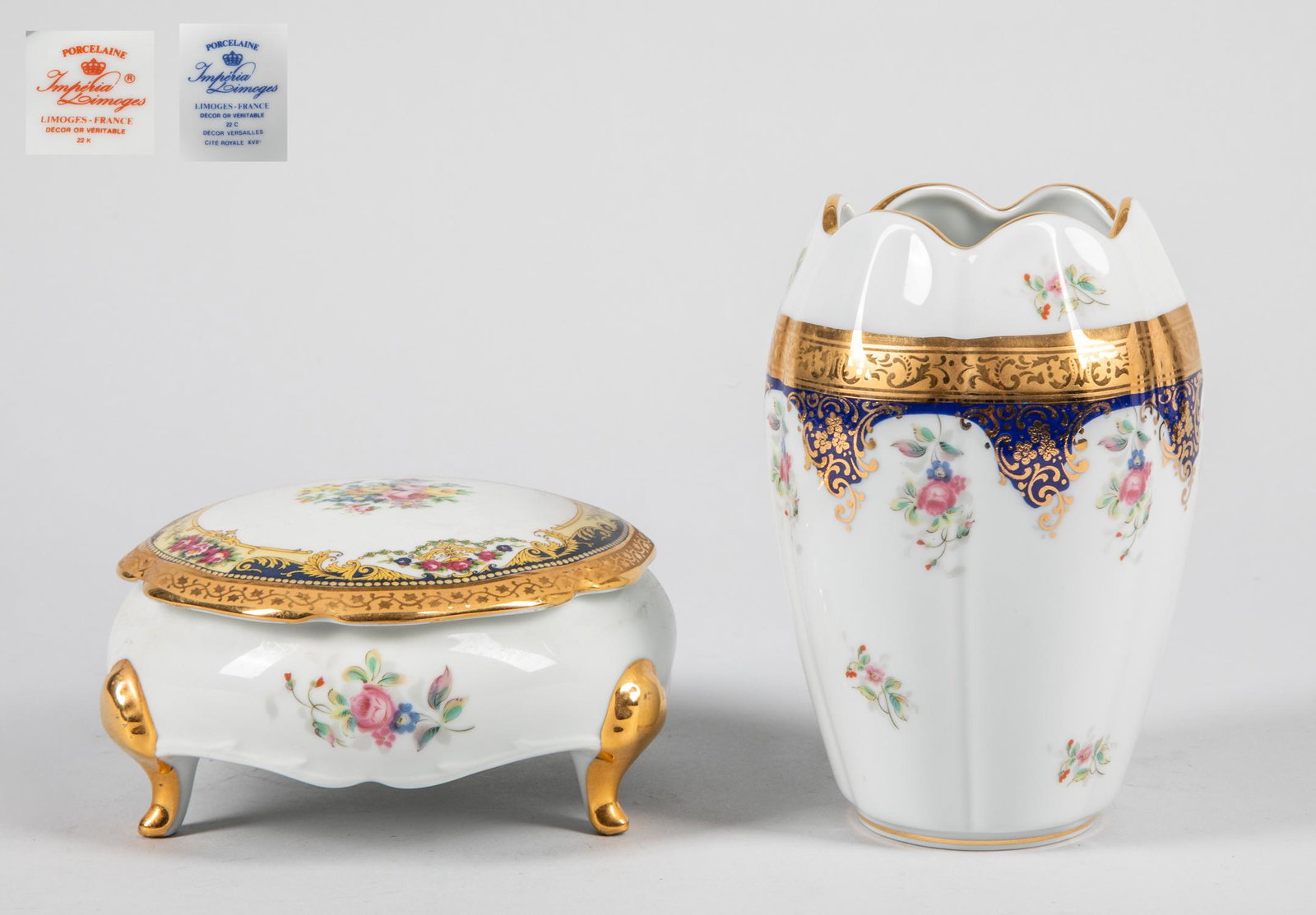 Group Collectible 22k Gold Limoges France Porcelain: Group of 2 pieces. 22k Gold & Limoges mark. 5.75 inch H; 3.5 inch W. (vase size).