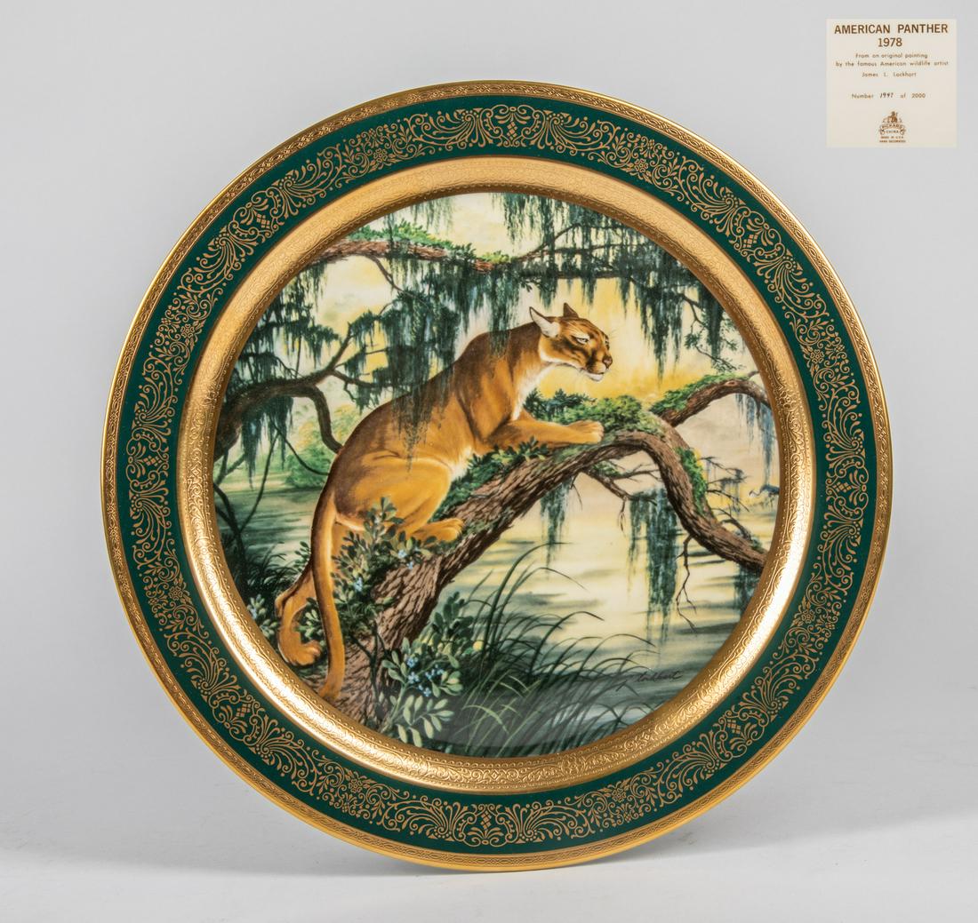 Collectible Art Gold Painted Porcelain Plate: American Panther, gold & enameled plate. 1947 of 2000. 13 inch D.