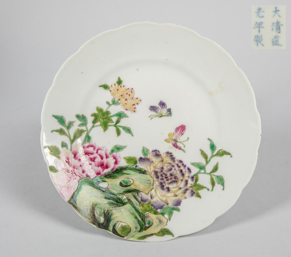 Chinese Antique Famille Rose Porcelain Plate: Chinese porcelain plate with flowers & butterflies decoration, Taokuang six charter marks and of the period. 8 inch D; 1 inch H. The estate of the C. F. Ma. HK. 2010