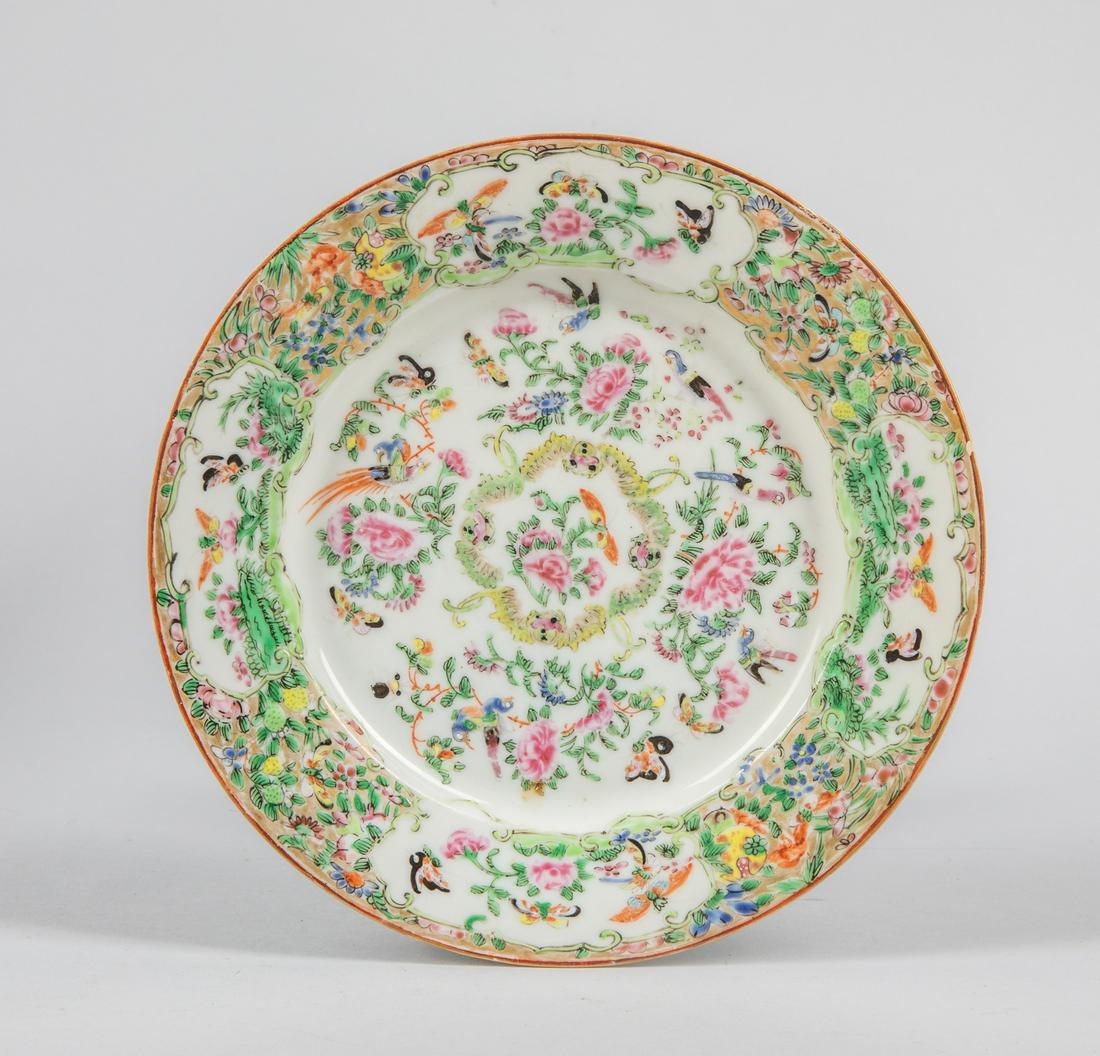 Chinese Antique Famille Rose Porcelain Plate: Chinese hand painted porcelain plate decorated with flowers & butterflies. 8.5 inch D; 1 inch H.