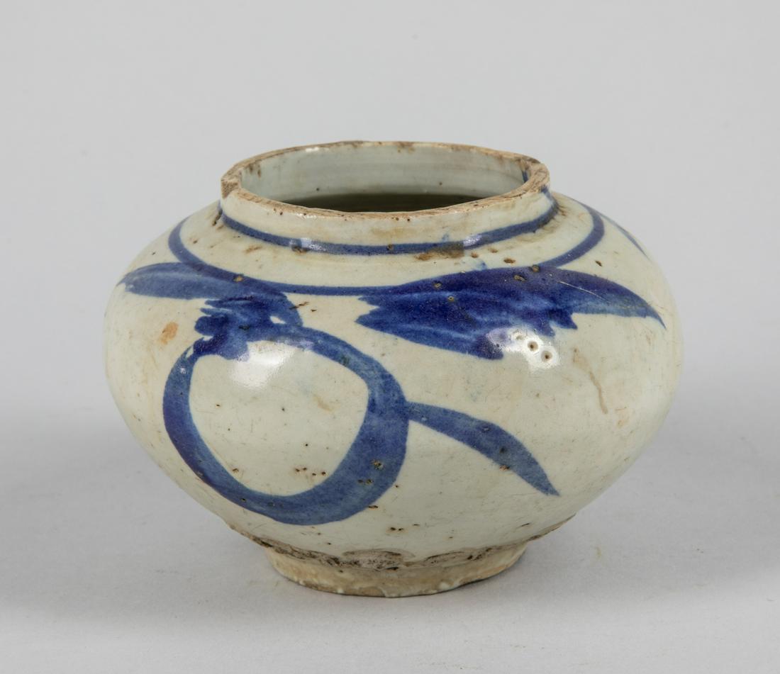17-18th Korean Blue & White Porcelain Jar: Minor chips. 3.5 inch H; 4.75 inch W.